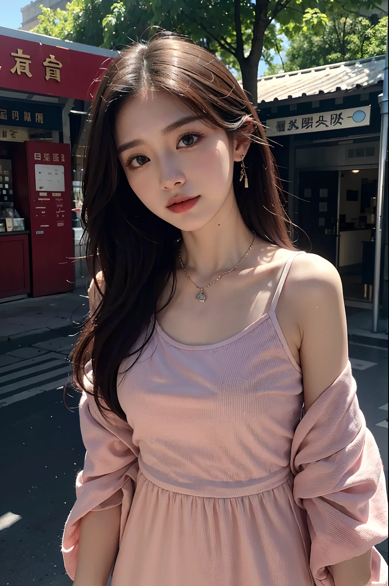 Best quality at best,Original,tmasterpiece,超高分辨率,Sweet girl,Draped with hair,Necklace necklace,shift dresses,C medium chest,France,The Eiffel Tower,城市,healed