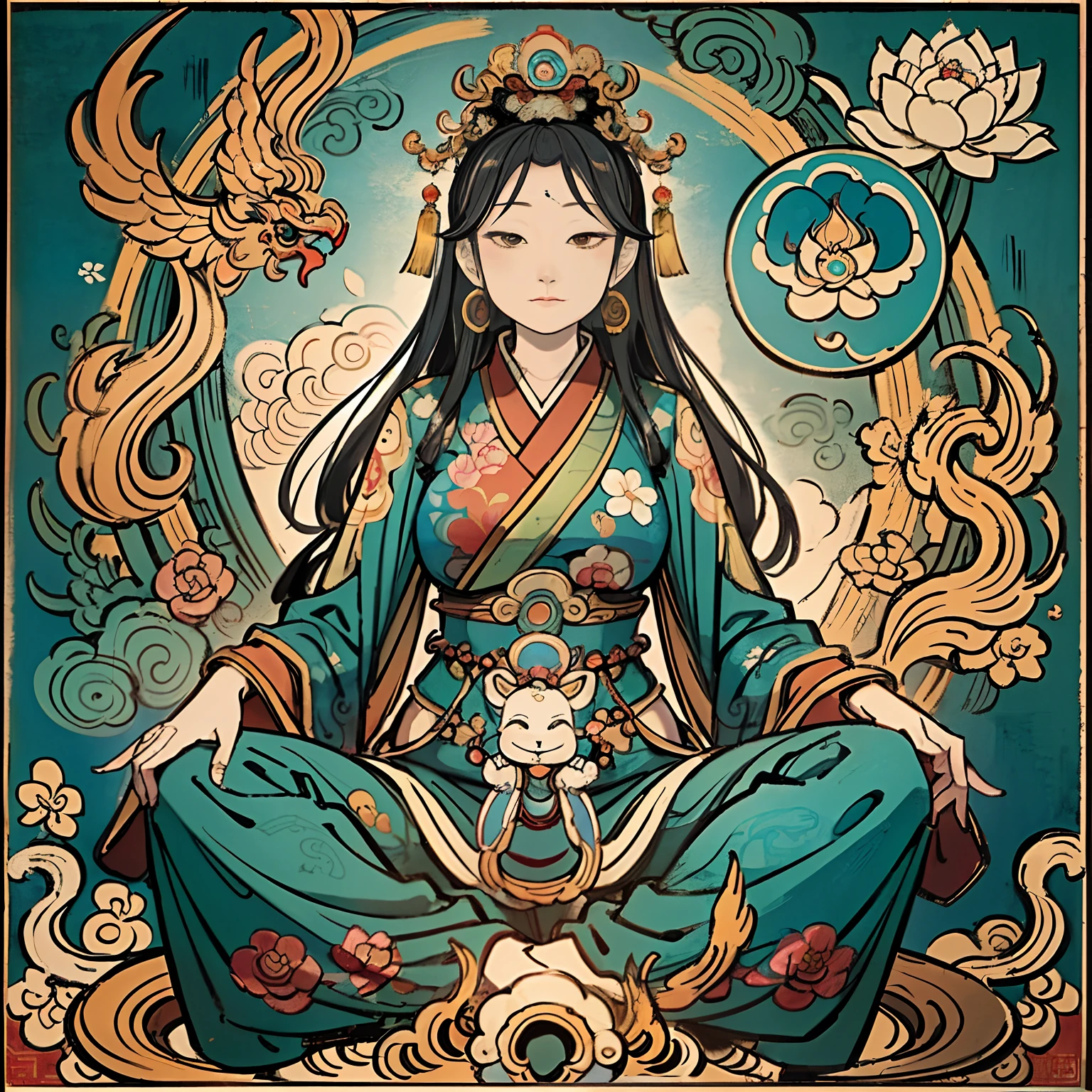 an ancient Chinese goddess, guanyin of the southern seas, Guanyin, Inspired by India, Avalokiteshvara rides a phoenix,,Serene expression,shui mo hua,Buddha,Buddhist,Lotus,Chinese painting style,Thangka style