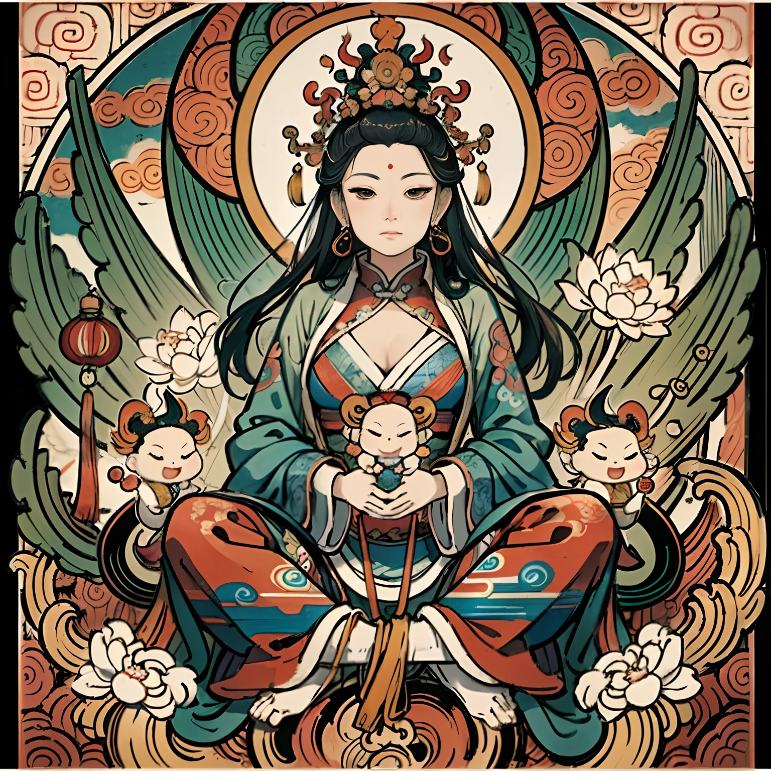 an ancient Chinese goddess, guanyin of the southern seas, Guanyin, Inspired by India, Avalokiteshvara rides a phoenix，,Serene expression,shui mo hua,Buddha,Buddhist,Lotus,Chinese painting style,Thangka style