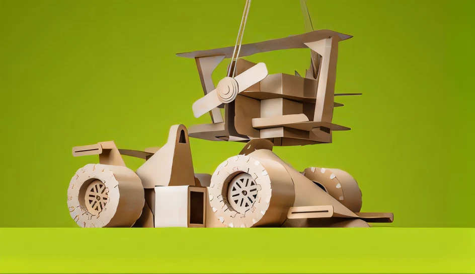 There is a picture of an engineering vehicle made of cardboard, made of cardboard, carton, papercraft, mechanized, paper craft low poly, Wooden, Paper, Robots made of cardboard boxes, wooden art toys, Cut out from cardboard, slingshot, Model kit, Cardboard tunnel, inspired by Rube Goldberg, Hanging, highly mechanical, mechanical vehicles