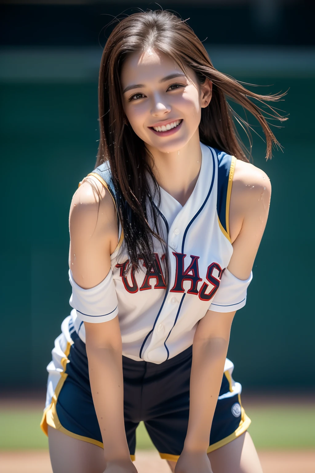 (Best Quality, 8k, 32k, Masterpiece, UHD:1.2), (1 slender woman of Japan, 28 years old, tall gravure model), Dark Brown Hair, Bright in the foreground, Professional Lighting, Photon Mapping, Radiosity, shading:1.3, (High Definition Skin:1.2), huge breasts:1.5, (shorts, Exposed Shoulder:1.1), squatting with legs open, ((provocative dynamic pose)), (she is wet), Top-Down View:1.5, (baseball Uniform:1.1, ), Ultra Detailed Face, Detailed Lips, Detailed Eyes, Double Eyelids, Inside the Stadium, looking camera, (sensual gaze to the photographer, lips slightly open) clear sky, baseball stadium, Spectators get excited, confetti flies, Happy smile,