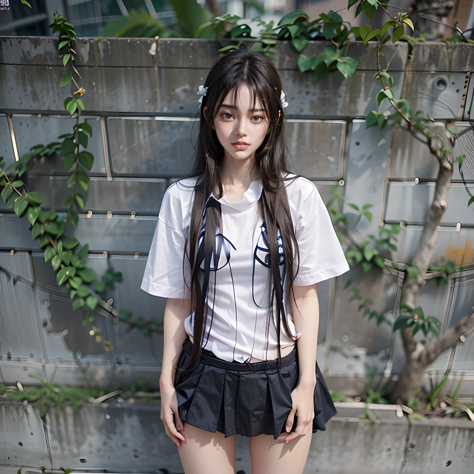 abandoned ruins,Sexy standing pose,18 years old korean beauty,Random white sexy transparent Korean school uniform and one-piece socks,Slender and slender figure,As thin as a whipping post,(((Random nudity all over the body))),exhibitionists,Random exposure of genitals,face to the viewer