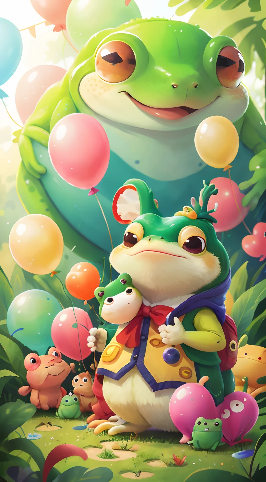 A frog, zoo, many balloons, happy, happy, perfect quality, clear focus (clutter - home: 0.8), (masterpiece: 1.2) (realistic: 1.2) (bokeh) (best quality) (detailed skin: 1.3) (complex details) (8K) (detail eyes) (sharp focus), (happy) full body, clean background, long view composition, 85MM SHOT,vesst