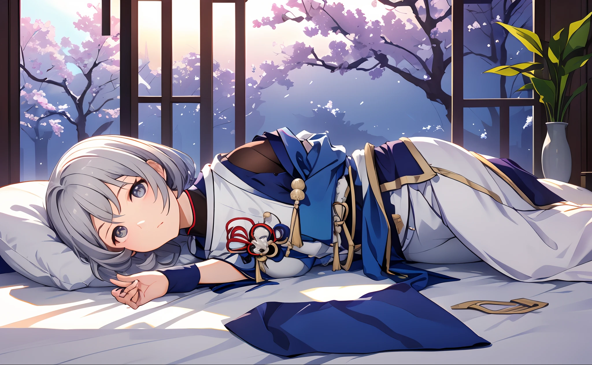 1girl, kamisato ayaka \(springbloom missive\), genshin impact,bedroom,lying on a bed, bondage,gaged,ballgag,rope,hand behind back,masterpiece,very aesthetic,newest,