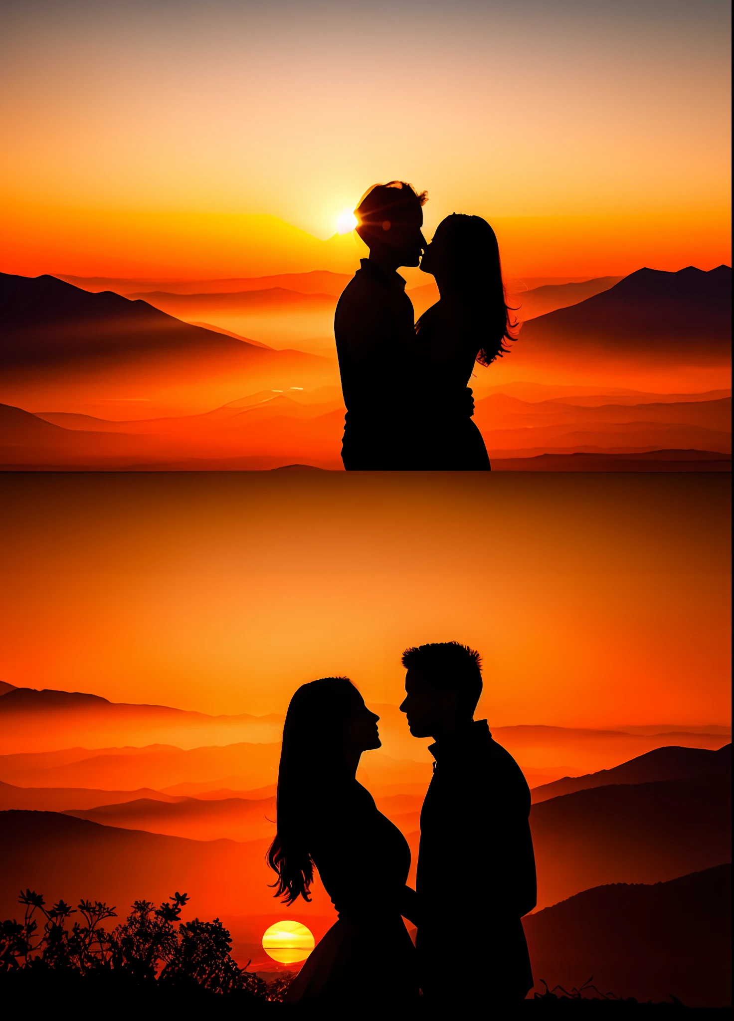 Beautiful landscapes on earth、Beautiful 8K wallpapers、the setting sun、mont、Raw photo、Very advanced、Convoluted、(digitalart:0.9)、hight resolution、magnifica、8k wallpaper、ighly detailed、Convoluted、Silhouette of lover in love on background