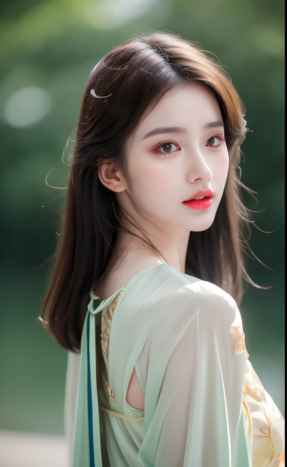 ((Best Quality, 8k, Masterpiece: 1.3)), Focus: 1.2, Perfect Body Beauty: 1.4, Buttocks: 1.2, ((Layered Haircut)), (Wet Clothes: 1.1), (Rain, Street:1.3), (Breasts: 1.2), (Hanfu: 1.2), Bare Shoulders, Bare Legs, Highly Detailed Face and Skin Texture, Fine Eyes, Double Eyelids, Whitened Skin, Long Hair, (Shut Up: 1.5), (Bokeh Background: 1.5), Big Breasts