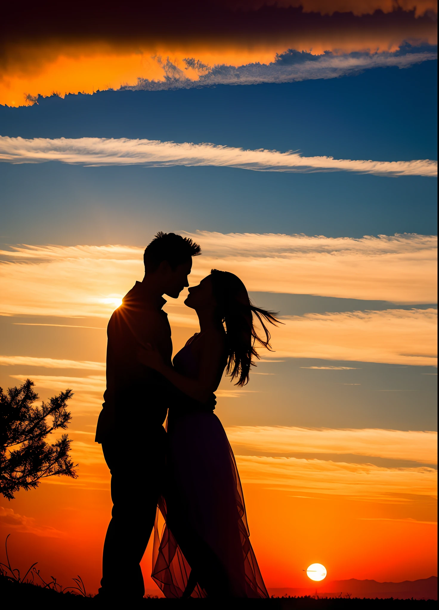 Beautiful landscapes on earth、Beautiful 8K wallpapers、Mare、the setting sun、Raw photo、Very advanced、Convoluted、(digitalart:0.9)、hight resolution、magnifica、8k wallpaper、ighly detailed、Convoluted、Silhouette of lover in love on background
