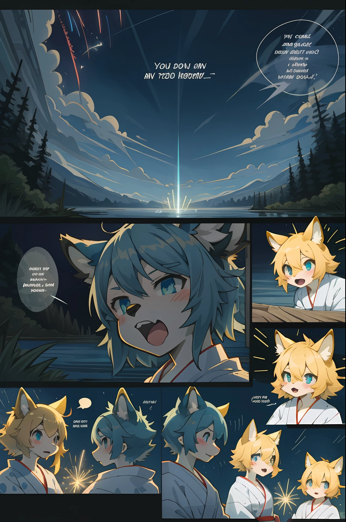 top quality, best quality, highres, masterpiece, super high resolution, detailed background, lake, nigh sky, firework, japanese yukata, 6+boys, 6+girls, absurdres(highly detailed beautiful face and eyes)perfect anatomy, good lighting, cinematic shadow(kemono, furry anthro)assorted expressions, assorted poses, assorted angles, full body, upper shot, dynamic angle(girls comic-like panel layouts, speech balloon, English text, Hand-drawn sound effects stickers used in hentai comic),