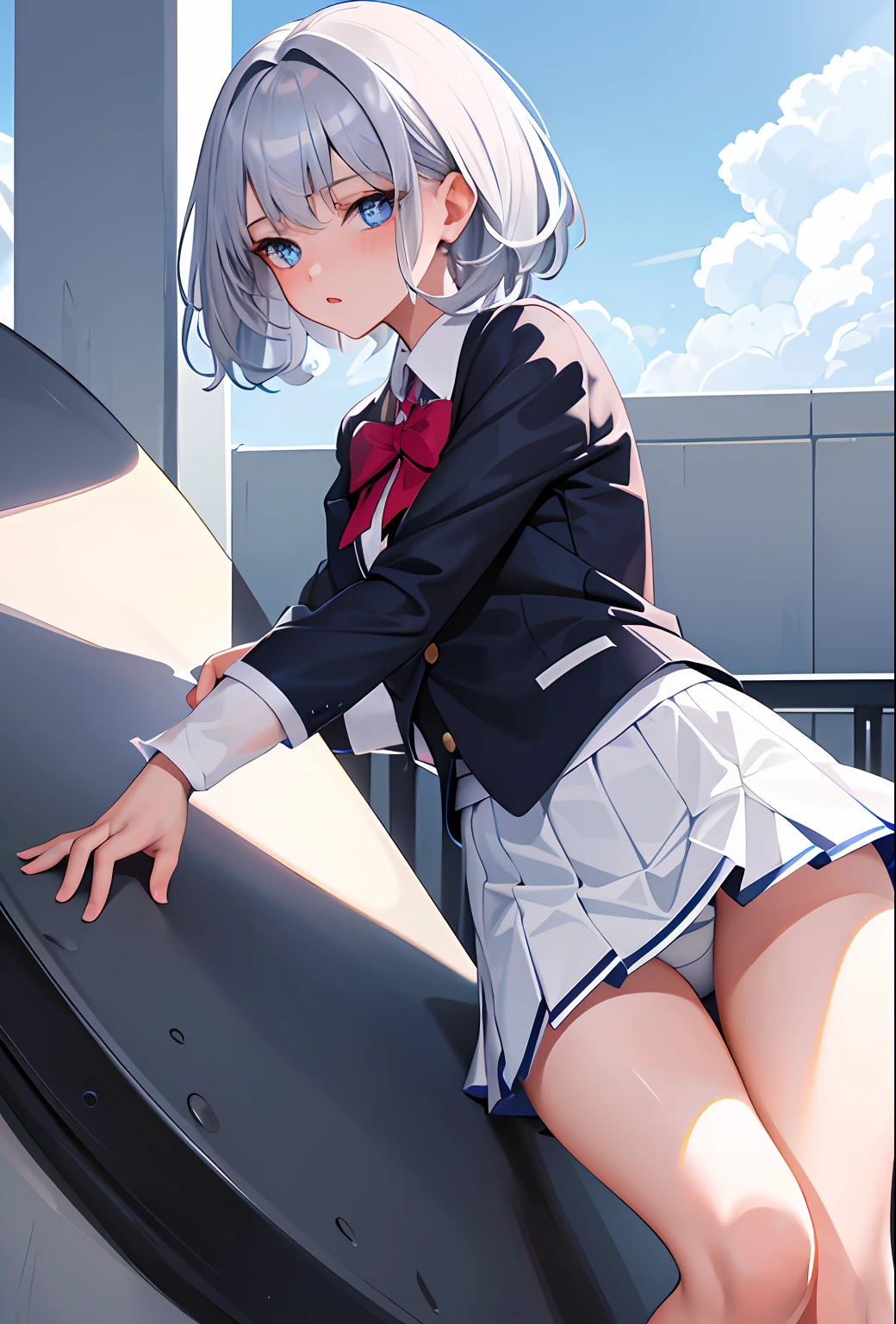 ((Masterpiece), Top Quality, Girl, (High School Uniform), , Silver Shorthair, Blue Eyes, (Skirt Deflected), (White Panties), (Small), Perfect Anatomy
