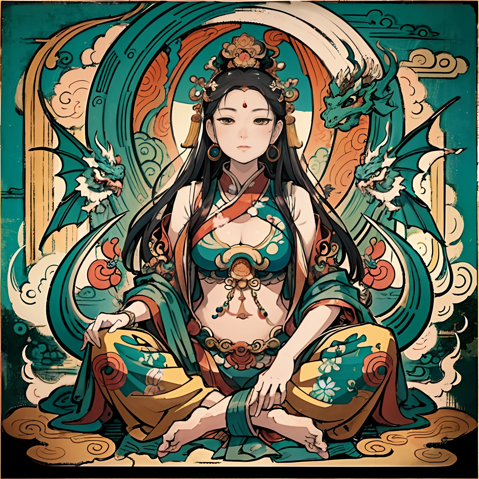 an ancient Chinese goddess, guanyin of the southern seas, Guanyin, Inspired by India, Avalokiteshvara rides a dragon,Serene expression,shui mo hua,Buddha,Buddhist,Lotus,Chinese painting style,Thangka style