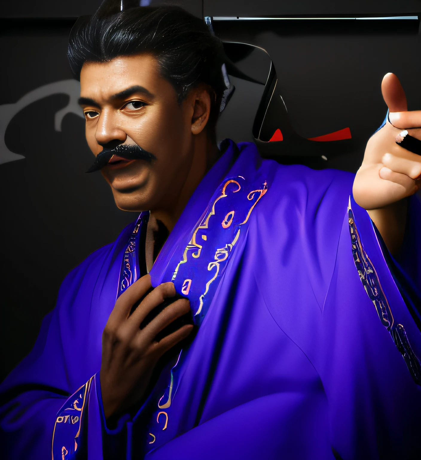 Loud man in mustache and lilac robe