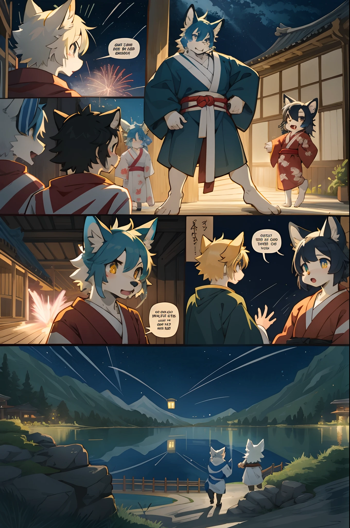 top quality, best quality, highres, masterpiece, super high resolution, detailed background, lake, nigh sky, firework, japanese yukata, 6+boys, 6+girls, absurdres(highly detailed beautiful face and eyes)perfect anatomy, good lighting, cinematic shadow(kemono, furry anthro)assorted expressions, assorted poses, assorted angles, full body, upper shot, dynamic angle(girls comic-like panel layouts, speech balloon, English text, Hand-drawn sound effects stickers used in hentai comic),