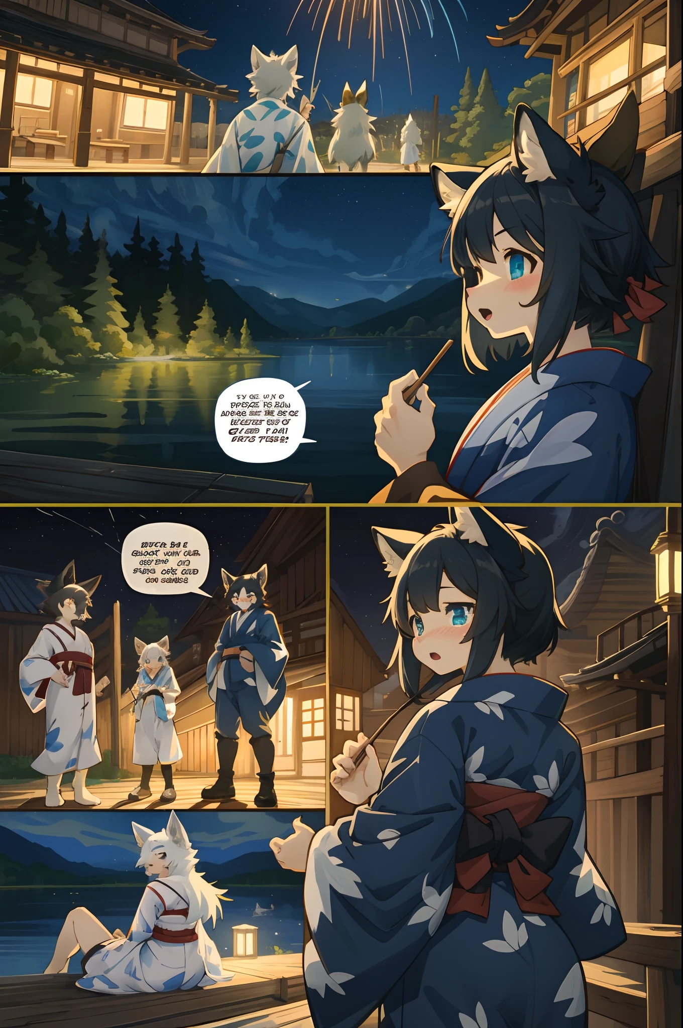 top quality, best quality, highres, masterpiece, super high resolution, detailed background, lake, nigh sky, firework, japanese yukata, 6+boys, 6+girls, absurdres(highly detailed beautiful face and eyes)perfect anatomy, good lighting, cinematic shadow(kemono, furry anthro)assorted expressions, assorted poses, assorted angles, full body, upper shot, dynamic angle(girls comic-like panel layouts, speech balloon, English text, Hand-drawn sound effects stickers used in hentai comic),