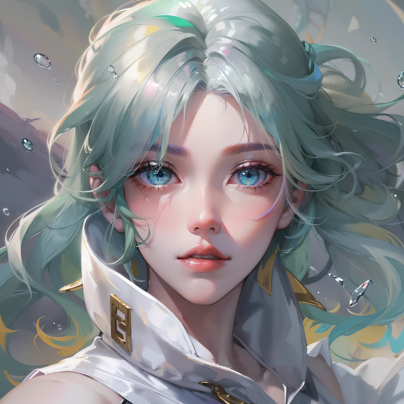 (((quality:HD fine))), Superb quality, Beautiful, Stunning CG Unity 8k wallpaper, The best illustrations, Extremely delicate and beautiful, afloat, A high resolution, dynamic angle, dynamicposes, (one-girl), eBlue eyes, (Colorful hair+Silvery hair:1.3+red tinted hair:1.2+Purple colored hair+Yellow hair:1.3+Green hair:1.3), White martial arts costume, Neck strap, beautiful countenance, too many drops of water, Clouds, eventide, wide angles, Watercolor effect