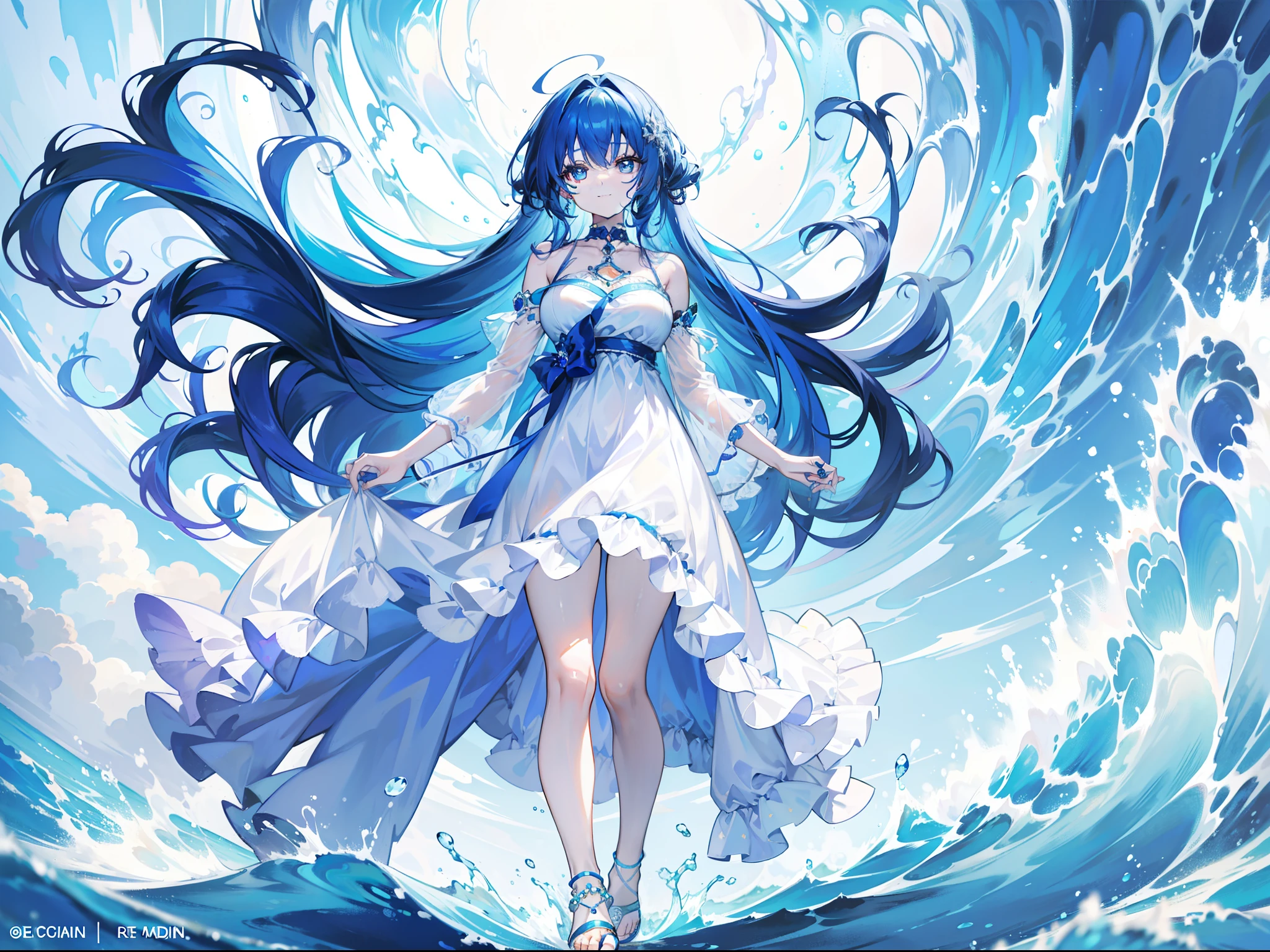 Blue-haired beautiful girl，curlies，with hair dishevelled，pastel blue dress，A deep blue gemstone is set on the chest，bare-legged，Wear blue ankle rings on your ankles，A staff holding a deep blue gemstone，Behind him there are terrifying waves，With a smile