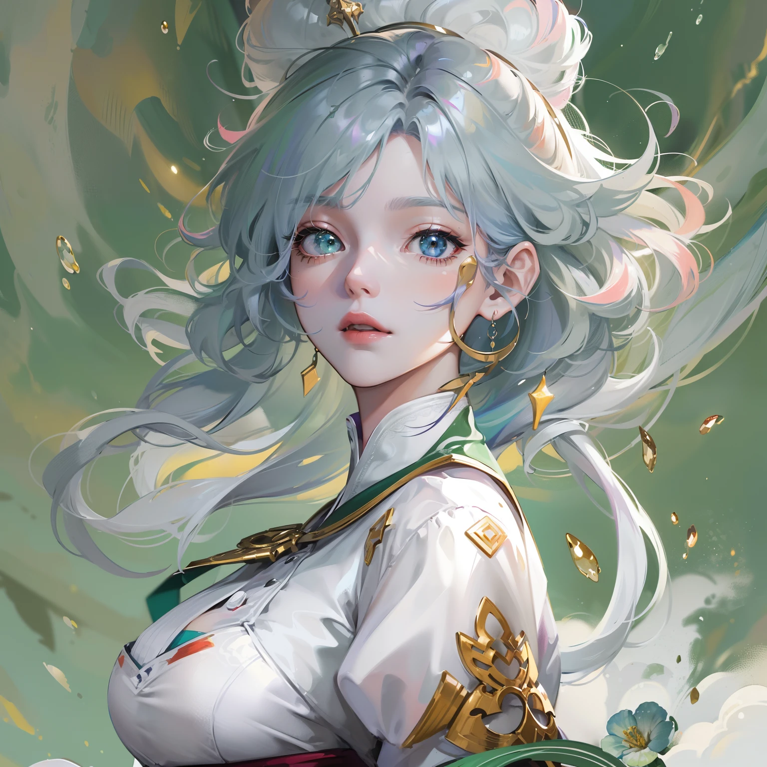 (((quality:HD fine))), Superb quality, Beautiful, Stunning CG Unity 8k wallpaper, The best illustrations, Extremely delicate and beautiful, afloat, A high resolution, dynamic angle, dynamicposes, (one-girl), eBlue eyes, (Colorful hair+Silvery hair:1.3+red tinted hair:1.2+Purple colored hair+Yellow hair:1.3+Green hair:1.3), White martial arts costume, Neck strap, beautiful countenance, too many drops of water, Clouds, eventide, wide angles, Watercolor effect