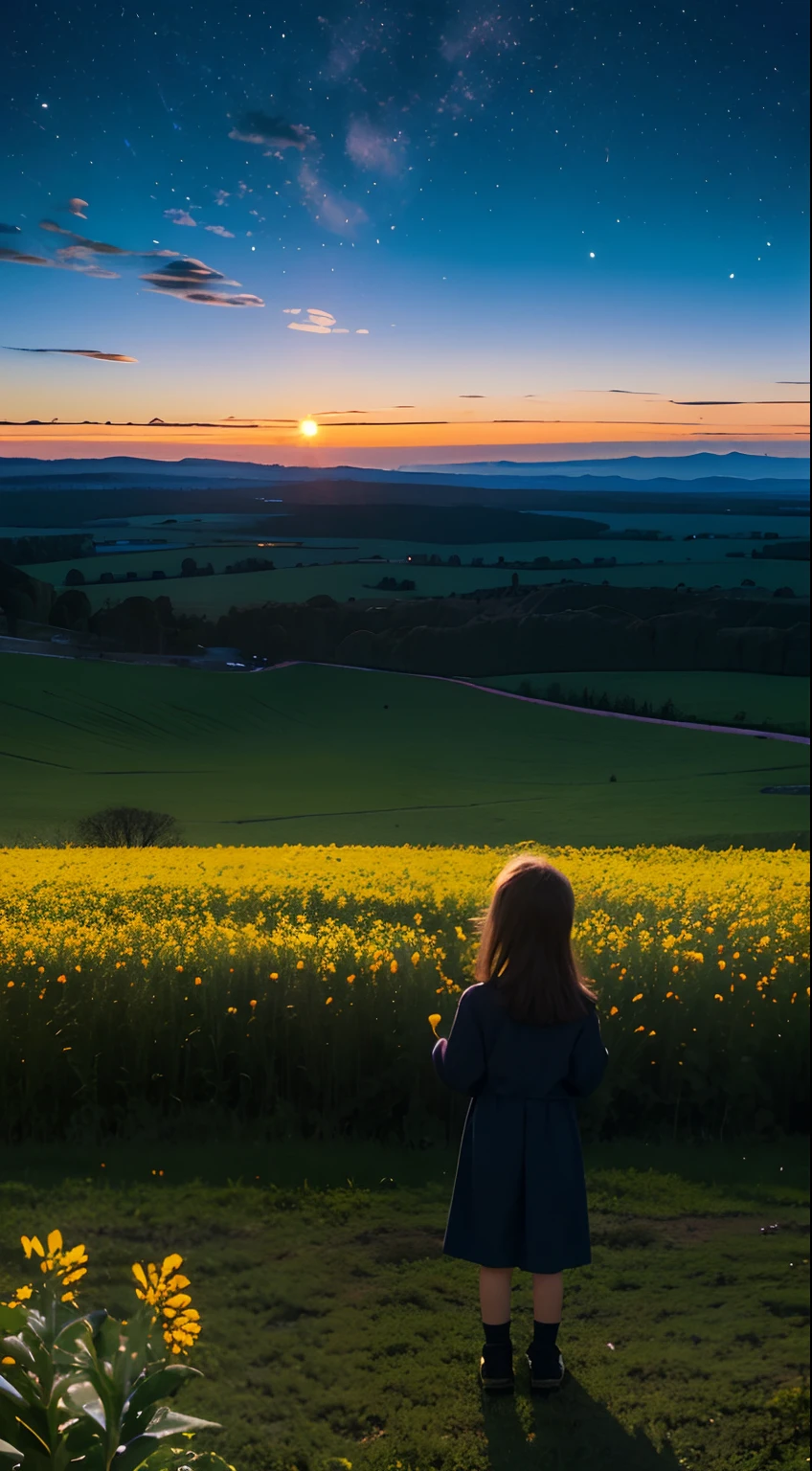 Expansive landscape photograph, (View from below with a view of the sky and the wilderness below),  girl standing in a flower field looking up, (full moon: 1.2), (meteors: 0.9), (Starcloud: 1.3), Far Mountain, Tree BREAK Production Art, (warm ...