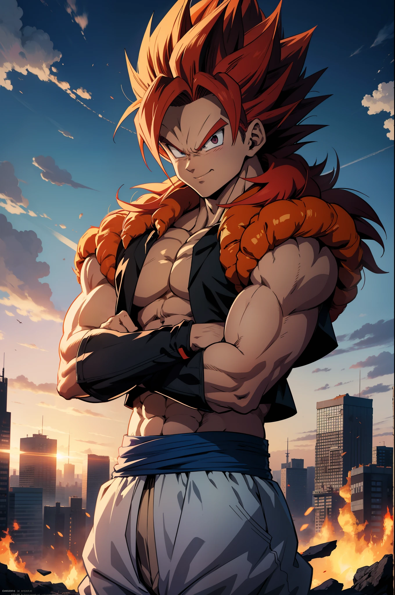 1boy, full body view, hovering in the air, gogeta, Anime, High Detailed, badass, (crossed arms), Confident Smile, muscular, (body_fur, red_fur:1.2), spiky hair, red hair, background: A destroyed city in flames with a Beautiful blue sky with white clouds in back, dark smoke in the sky, anime style, god rays, anime, akira toriyama, inspired by Akira Toriyama