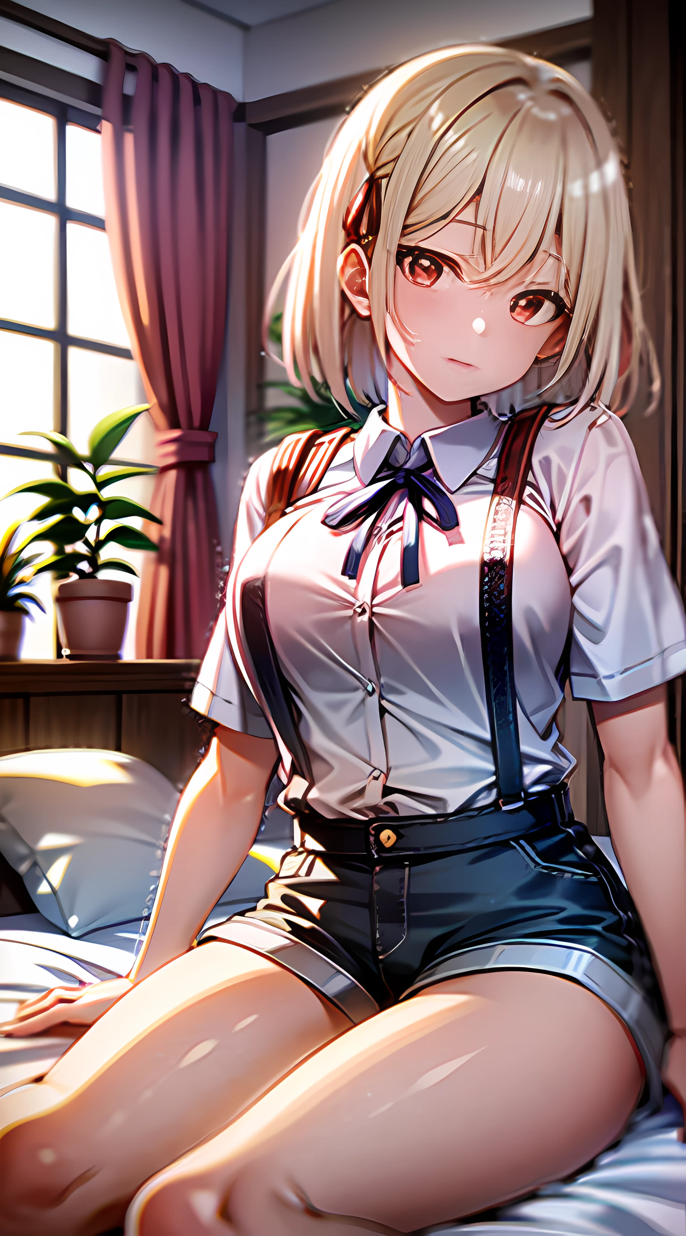 (masterpiece:1.1), (best quality:1.0), (ultra highres:1.0) ,(8k resolution:1.2),(realistic:1.0),(ultra detailed1:0), (sharp focus1:0), (RAW photo:1.1), (lighting:1:1), Tokyo street, (night:1:1), Shibuya_\(Japan\),
Chisato_Nishikigi_\(Lycoris_Recoil\), 1girl, bed, blonde_hair, blue_ribbon, breasts, clock, curtains, cushion, hair_ribbon, indoors, looking_at_viewer, medium_breasts, neck_ribbon, on_bed, one_side_up, pillow, plant, red_eyes, ribbon, shirt, short_hair, shorts, sitting, solo, suspenders, white_shirt, window
small_brisket,