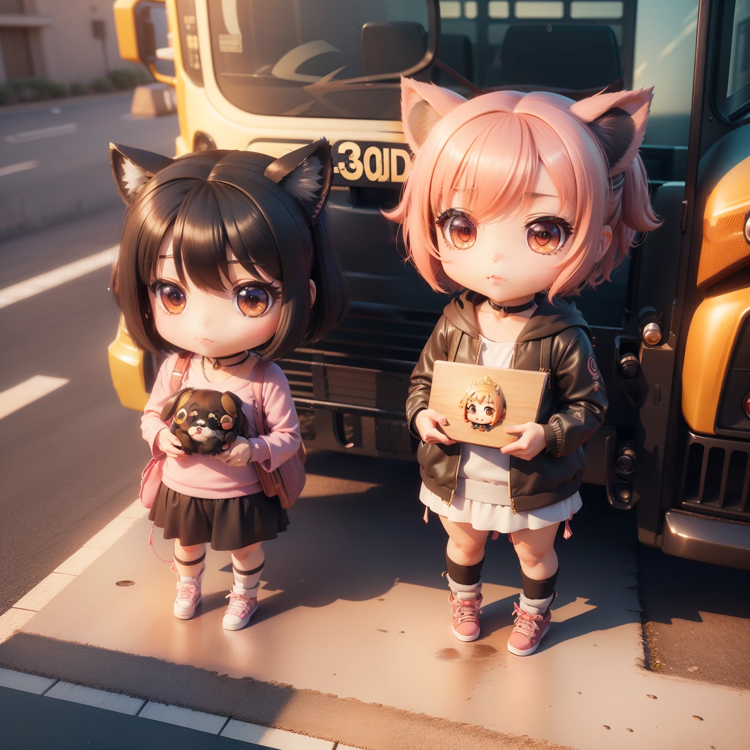 (((chibi 3d))) (Best Quality), (masutepiece), Detailed 3D chibi rendering in anime style, Featuring a cute dog and Manche Sawar, (chibi 3d:1.1), (Manche Sawar:1.3), (buses:1.3), (8K resolution), Vibrant colors, Intricate details, (Award-winning:1.2)