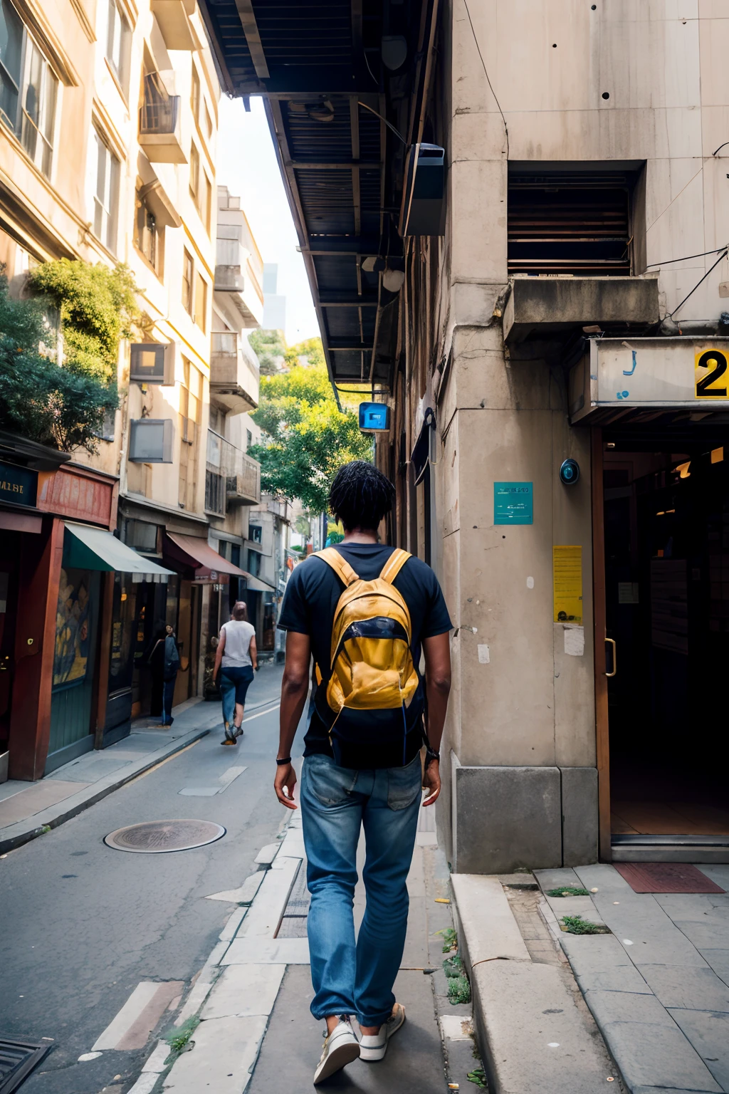(Over-the-Shoulder Shot - Tracking Shot): "Embark on a cinematic journey through the city streets. Film from behind an observer walking past the urban street art. Use a tracking shot to reveal the artwork gradually, mirroring the excitement of discovering hidden treasures in the urban jungle.", High Detail, film photography, soft focus