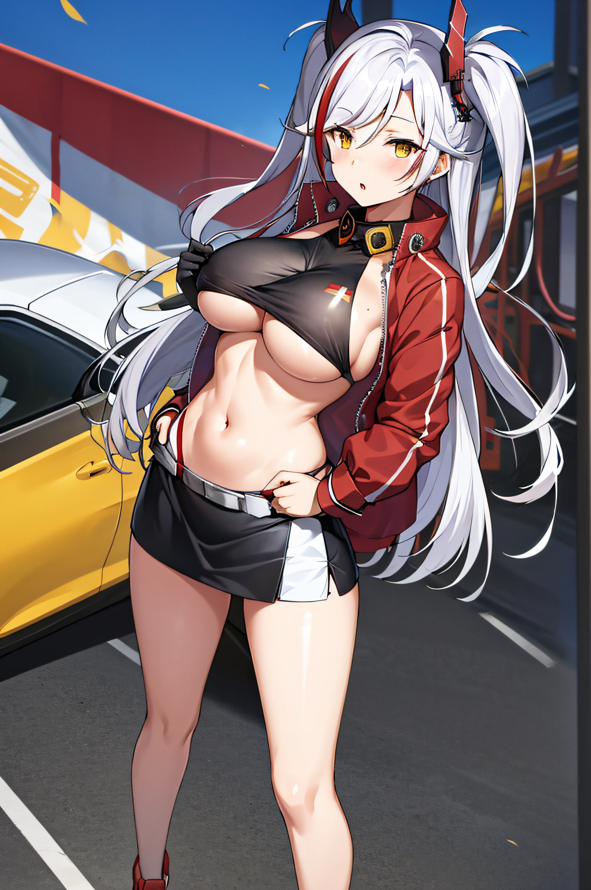 masutepiece, Best Quality, PrinzV4, 1girl in, Solo, Long hair, breasts, Looking at Viewer, Skirt, Large breasts, gloves, Navel, Holding, Jacket, Yellow eyes, White hair, Red hair, multicolored hair, Open your clothes, Black Gloves, Open jacket, official alternate costume, striated hair, Black jacket, put hands on the hip, underboob, Headgear, a flag, Red panties, Race Queen, Pending Flag,Poses that emphasize breasts、top-quality