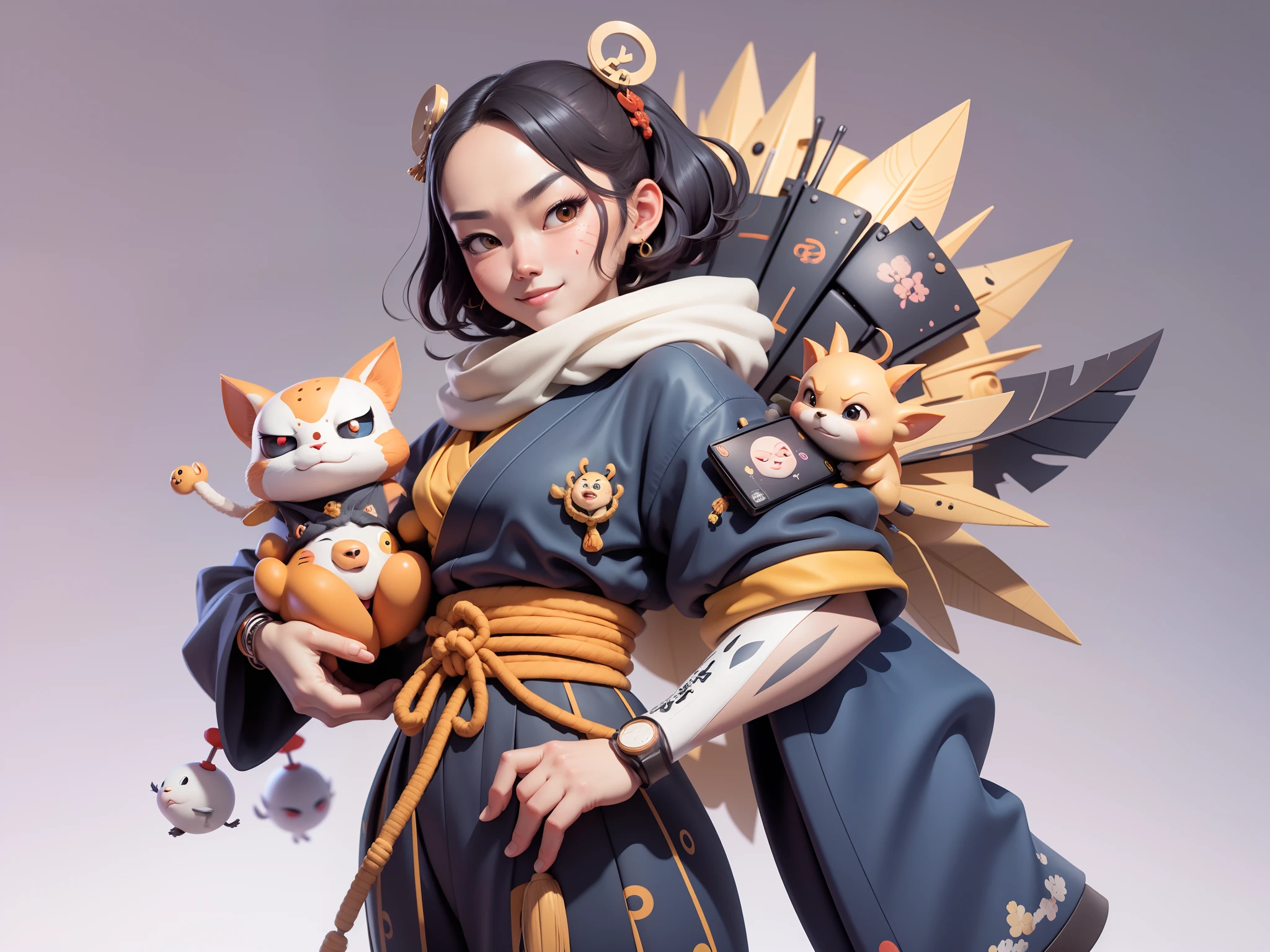 (Daisaku),(Need),(Super meticulous),(full bodyesbian:1.2),Japanese ukiyo-e girl,japanese geisha,Beautiful,Oriental dragon,Aeolian Thor,Raised sexy,爆乳,Oriental face,TV Anchor,Bust portrait illustration,Alone,In black suit,a blue tie,The face is slightly chubby,The face was clean,without a beard,Black super short hair,Black eyes,Smile confidently,3C computer sub-products,iPad, iphone,Digital painting,3D character design by Mark Clairen and Pixar and Hayao Miyazaki and Akira Toriyama,The illustration is a high-definition illustration in 4K resolution,With very detailed facial features and cartoon-style visuals。