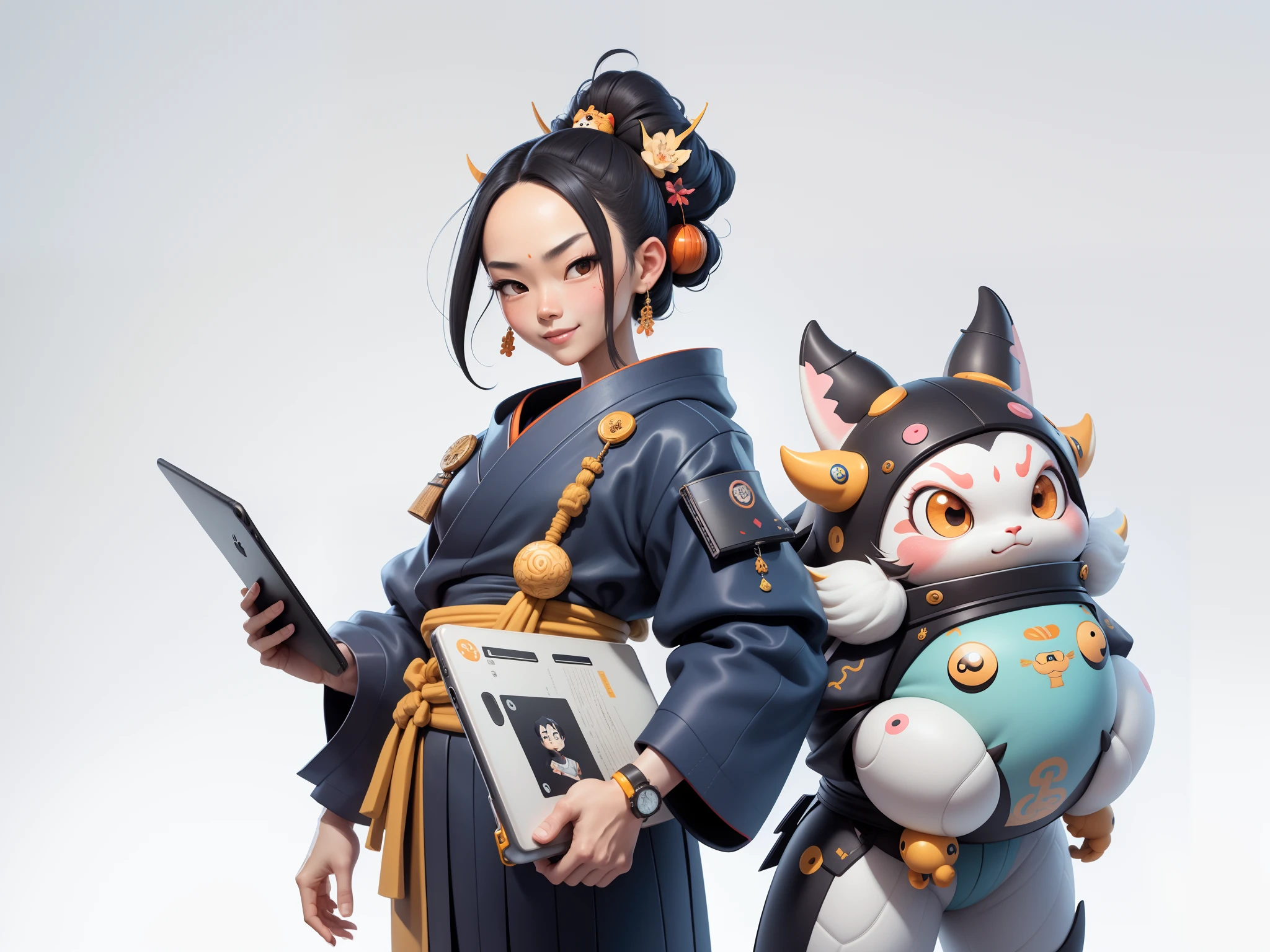 (Daisaku),(Need),(Super meticulous),(full bodyesbian:1.2),Japanese ukiyo-e girl,japanese geisha,Beautiful,Oriental dragon,Aeolian Thor,Raised sexy,爆乳,Oriental face,TV Anchor,Bust portrait illustration,Alone,In black suit,a blue tie,The face is slightly chubby,The face was clean,without a beard,Black super short hair,Black eyes,Smile confidently,3C computer sub-products,iPad, iphone,Digital painting,3D character design by Mark Clairen and Pixar and Hayao Miyazaki and Akira Toriyama,The illustration is a high-definition illustration in 4K resolution,With very detailed facial features and cartoon-style visuals。