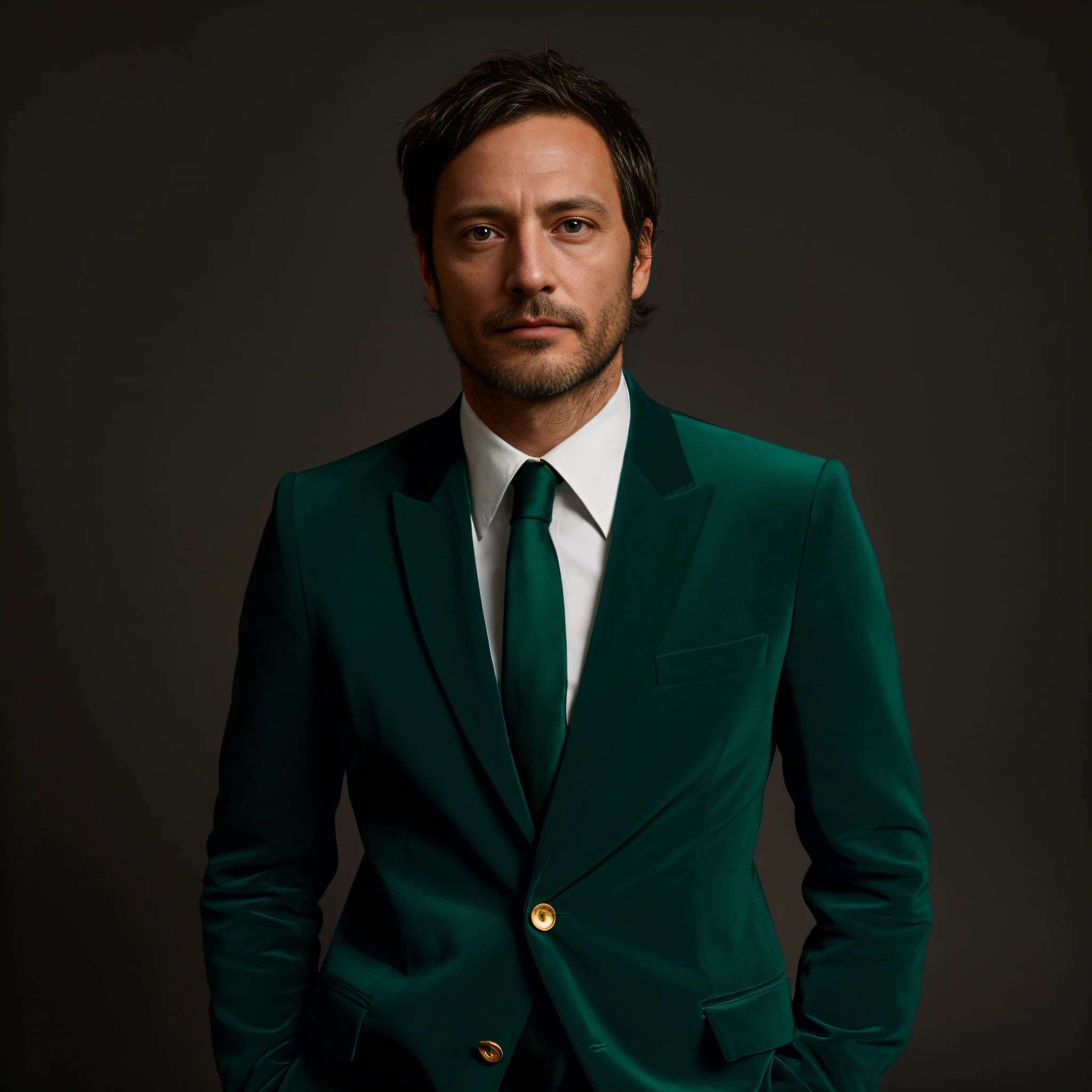 (On a background of deep emerald:1.5), ( Un homme Handom, 40 ans:1.5), is captured in an iconic Margiela emerald velvet costume. From a slightly raised angle, The camera focuses on his contemplative brown eyes, qui regardent droit devant eux. Soft lighting amplifies the bridge of her nose and short brown hair . His serene expression carries an underlying current of determination, embody a man who has defined his path on his own terms.