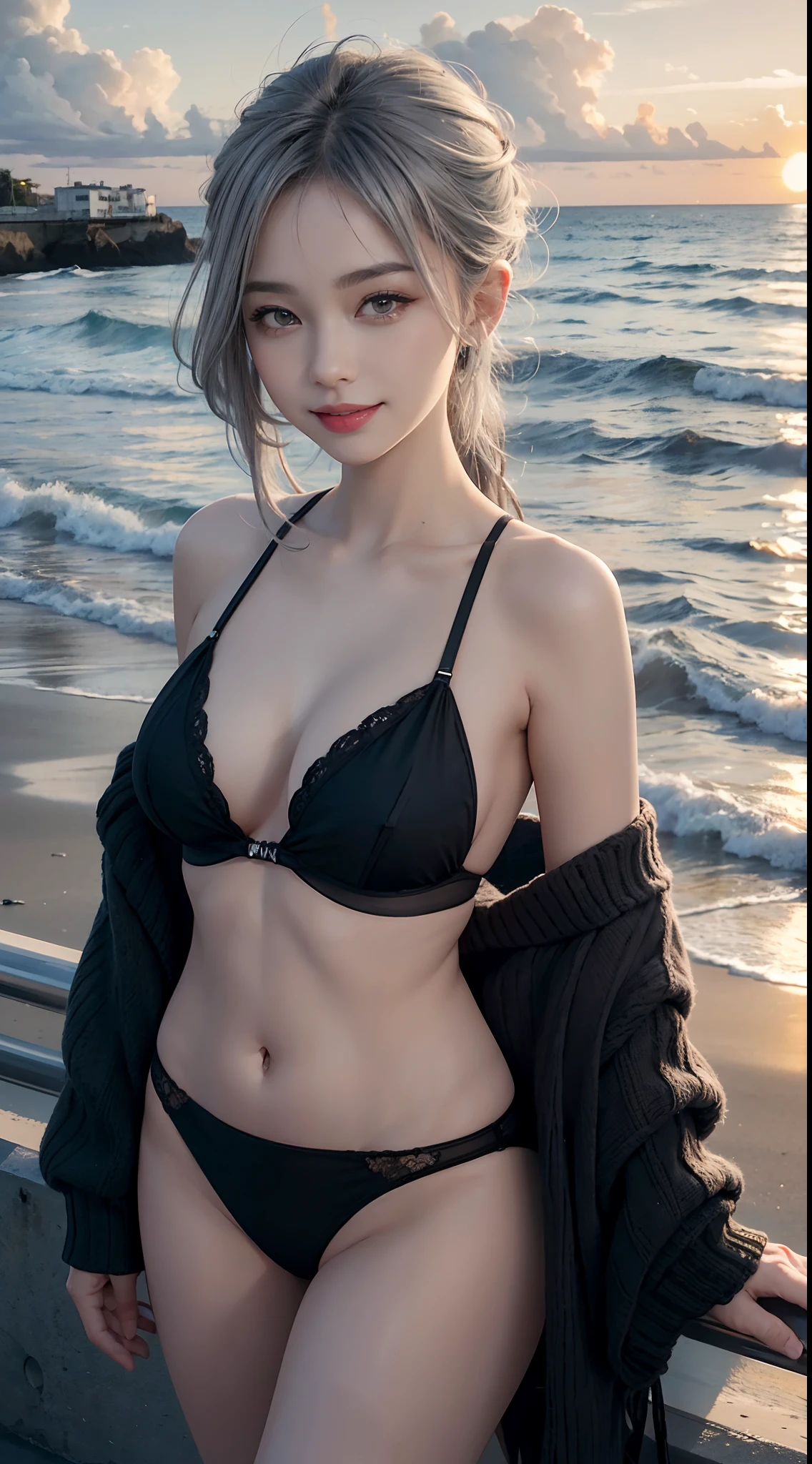 Beautiful sunset with sea view，Dusk line，swell sea，A very beautiful woman，Wearing black transparent underwear，Gray hair，Gray hair, flat breast，Collect breasts，ssmile，ssmile，ssmile，16k，Realiy，frontage，frontage，Only the upper body，Only the upper body