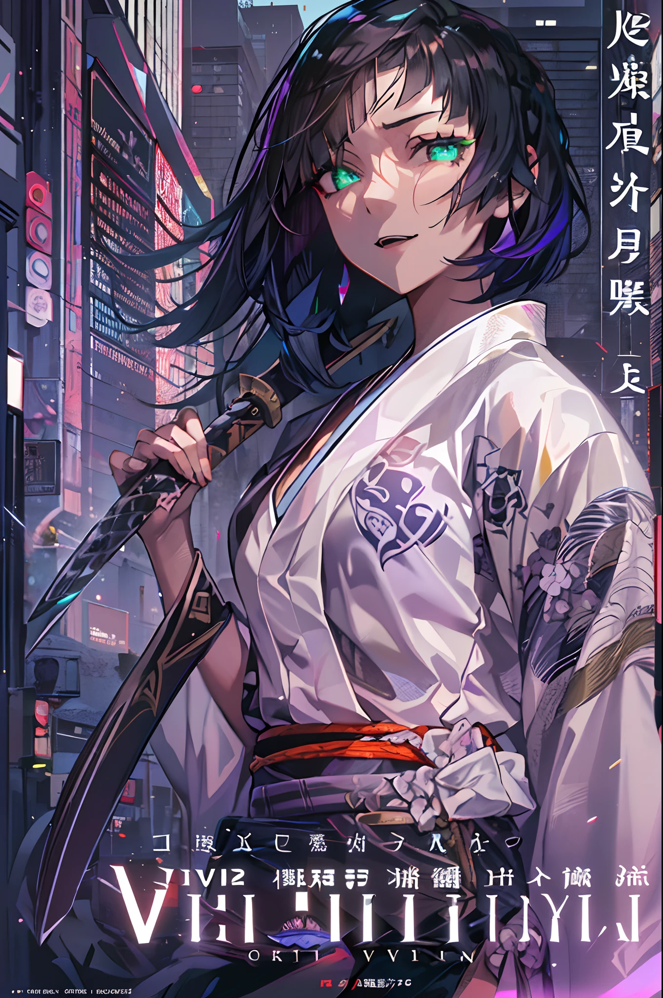 ((((dramatic))), (((gritty))), (((intense))) film poster featuring a young woman as the central character. She stands confidently in the center of the poster while carrying a Katana, wearing a stylish and techy short kimono, with a determined expression on her face with a smile. The background is dark and gritty future tokyo, with a sense of danger and intensity. The text is bold and attention-grabbing, with a catchy tagline that adds to the overall feeling of drama and excitement. The color palette is mainly black, white, blue with highlight of purple and a hint of green, giving the poster a dynamic and visually striking appearance, tachi-e (magazine:1.3), (cover-style:1.3), fashionable, woman, outfit, posing, front, dynamic, background, elements, confident, expression, holding, statement, cold, coiled, around, touch, scene, text, cover, bold, attention-grabbing, title, stylish, font, catchy, headline, larger, striking, modern, trendy, focus, fashion, japanese, japan, short-hair, white hair, glowing shining beautiful purple eyes, less text, ((add watermark text in the bottom right that read "Veni. Vidi. Vici")), thigh, cleavage, (((purple lens flare on left eye)))