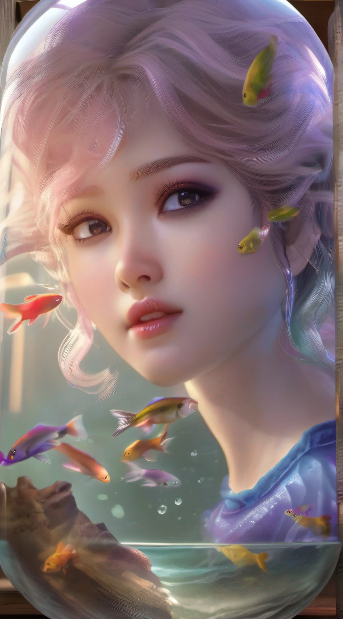 best quality, masterpiece, (realistic:1.2), 1 girl, detailed face, beautiful eyes, [(Transparent background:1.5)::5],(((masterpiece))),(((best quality))),(((extremely detailed))),illustration, 1girl,solo,mysterious,vivid color, shiny, underwater transparent sealed hemispherical glass dome, (white hair),(purple eyes), full body, barefoot, long hair tranquil nature, koi, Underwater, Dome, close up, Dynamic actions, Lens perspective,(((Box composition))),sit cross-legged and lean against the bookshelf, volumetric lighting, multi-color eyes, detailed eyes, hyper detailed, light smile, highly detailed, beautiful, small details, ultra detailed, best quality, intricate, 4k, 8k, trending on art station, good anatomy, beautiful lighting, award-winning,