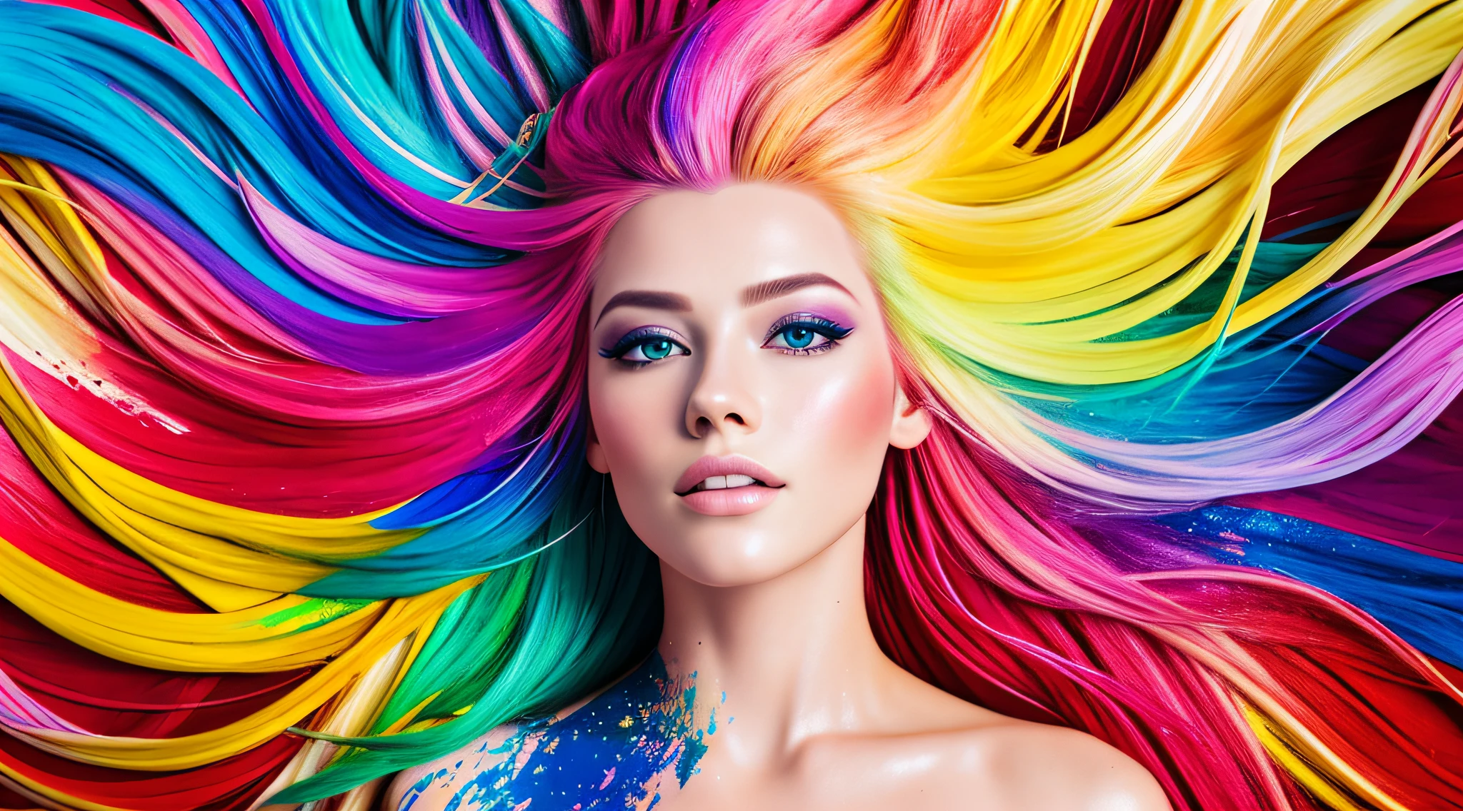 8k, RAW photo, realistic, photo-realistic, hyper-realistic, highest quality, best quality, masterpiece, highly detailed, absurdres,
masterpiece, best quality, (extremely detailed CG unity 8k wallpaper, masterpiece, best quality, ultra-detailed, best shadow), (detailed background), (beautiful detailed face, beautiful detailed eyes), High contrast, (best illumination), 1girl, Australian, multicoloured hair, beautiful, ((colourful paint splashes on transparent background, dulux)), ((caustic)), dynamic angle,beautiful detailed glow,full body, cowboy shot,