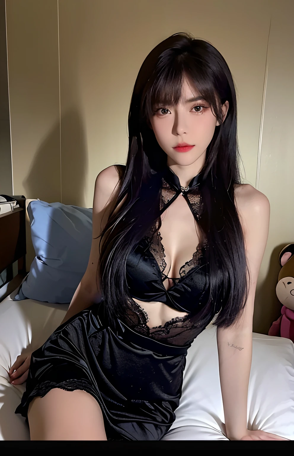 best qualtiy,tmasterpiece:1.4,超高分辨率,Realistic original photos,1girl,black lace nightgown,smallunderboob,cold light,nakeness