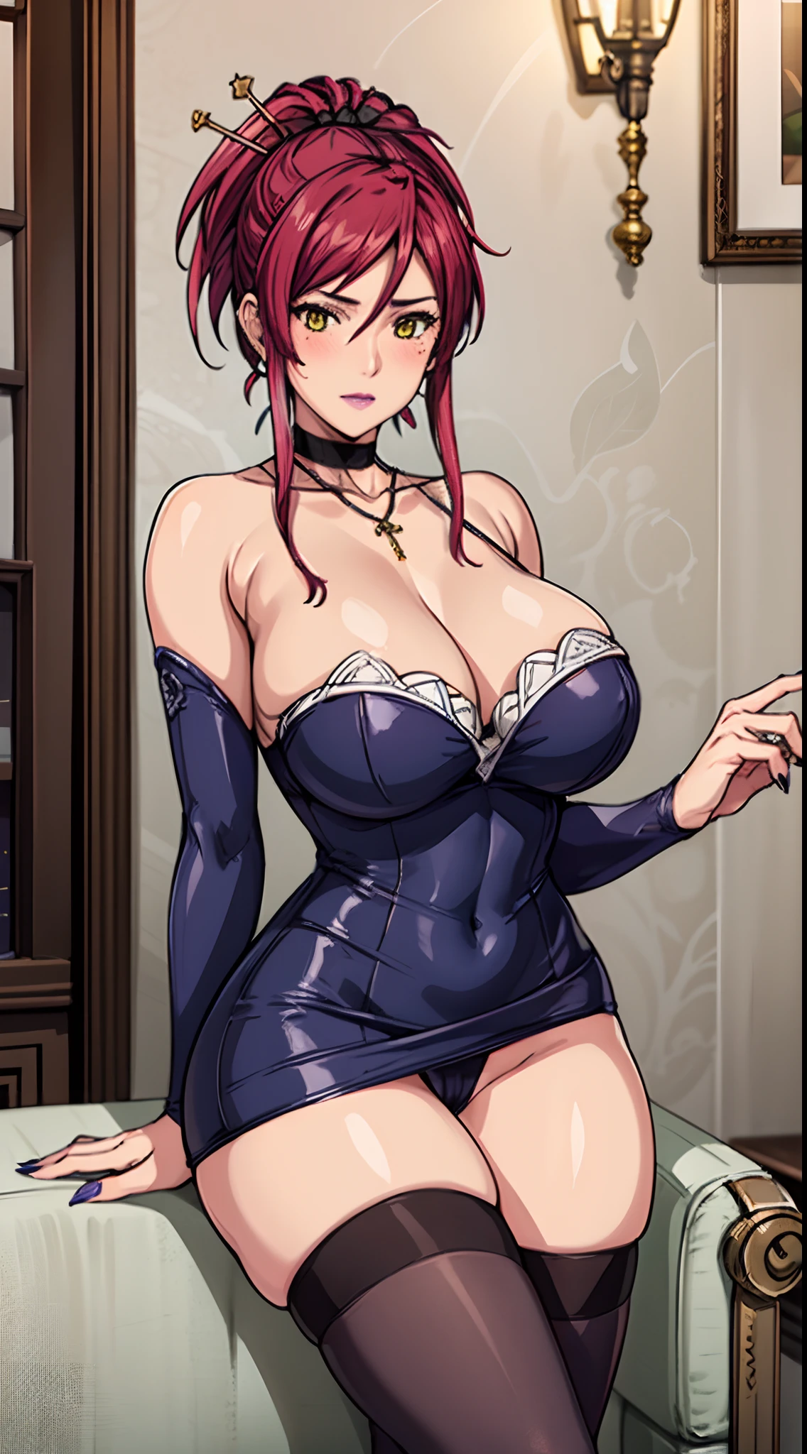 professional artwork, Intricate Details, field of view, sharp focus, detailed painting, photorealistic lighting, trending on pixiv, Standing at attention, Beautiful Finger,Beautiful long legs,Beautiful body,Beautiful Nose,Beautiful character design, perfect eyes, perfect face, looking at viewer,official art,extremely detailed CG unreal engine, 8k wallpaper, perfect lighting,Colorful, Bright_Front_face_Lighting, (masterpiece:1.0),(best_quality:1.0), ultra high res,4K,ultra-detailed, photography, 8K, HDR, highres, absurdres:1.2, Kodak portra 400, film grain, Marie Mamiya, mature female, milf, solo, (curvy:1.1), sitting on sofa, crossed legs, luxury room, (cowboy shot:1.1), (red hair:1.05), hair ornament, lipstick, makeup, (mole under eye:0.9), choker, ultra detail hair, ultra detail face, (yellow eyes:1.05), perfect eyes, perfect face, earrings, (seductive look, blush:1.2), (main dress:1.2), choker, (black thighhighs:1.1),(highheels:1.2), bare shoulders, necklace, fingernails, (Large Breasts:1.15), Cleavage, big ass, thighs masterpiece, best quality, perfect composition,
