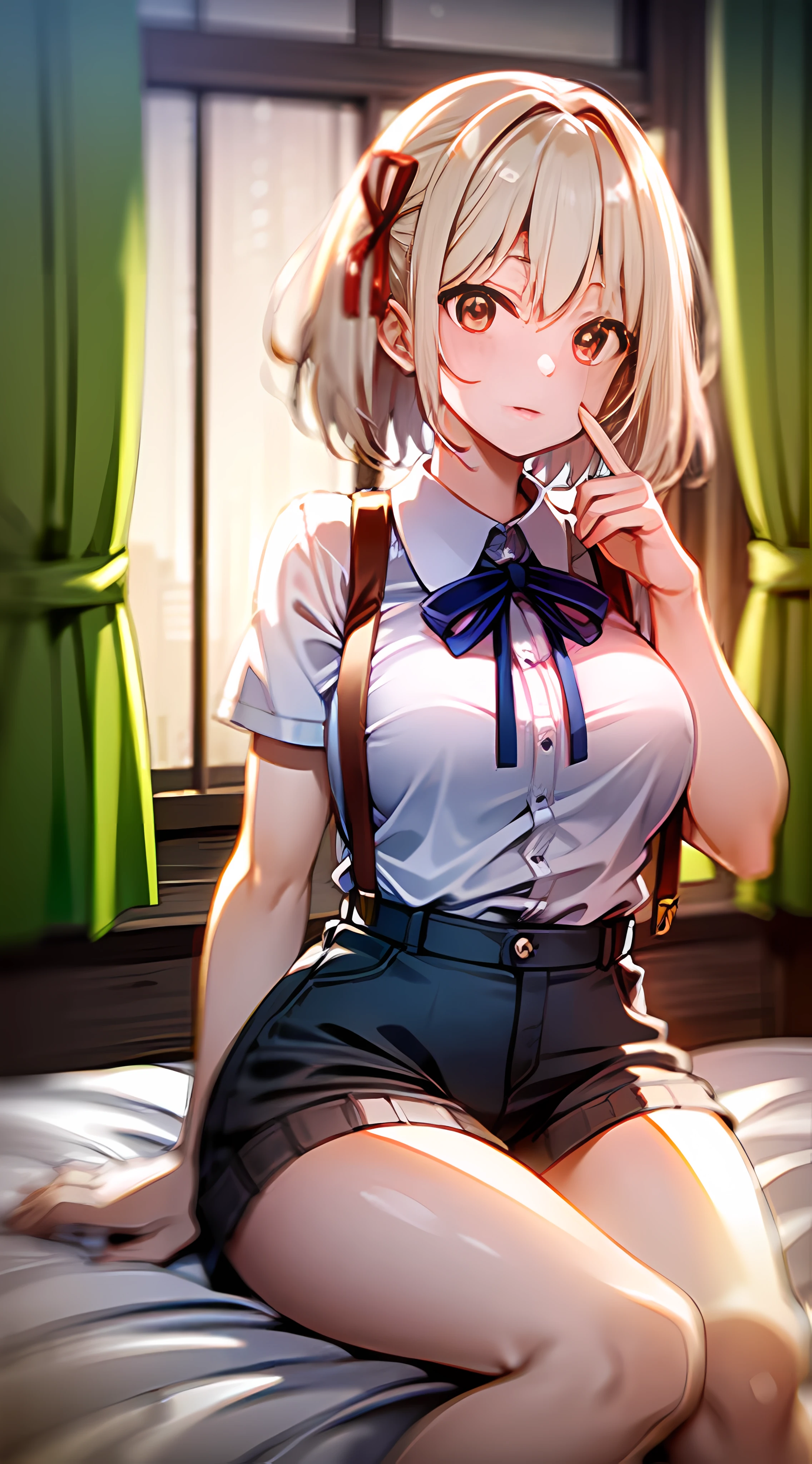 (8K、Top image quality、top-quality、​masterpiece)、A detailed face、1 girl in、a blond、short-hair、Gray eyes、piercings、((Brown skin:1.5))、((skin tanned:1.0))、evil smile、red blush、((white  shirt))、a necklace、((Removed button))、cleavage、(black lace bra)、((Black miniskirt))、((pussy))((bend your knees and open your legs:1.0))、((Wet crotch:1.0))、((Used condom on thigh:1.0))、((Condom left inside1.0))、Taken from below、Sit on a desk、((Classroom Background))、((nsfw))