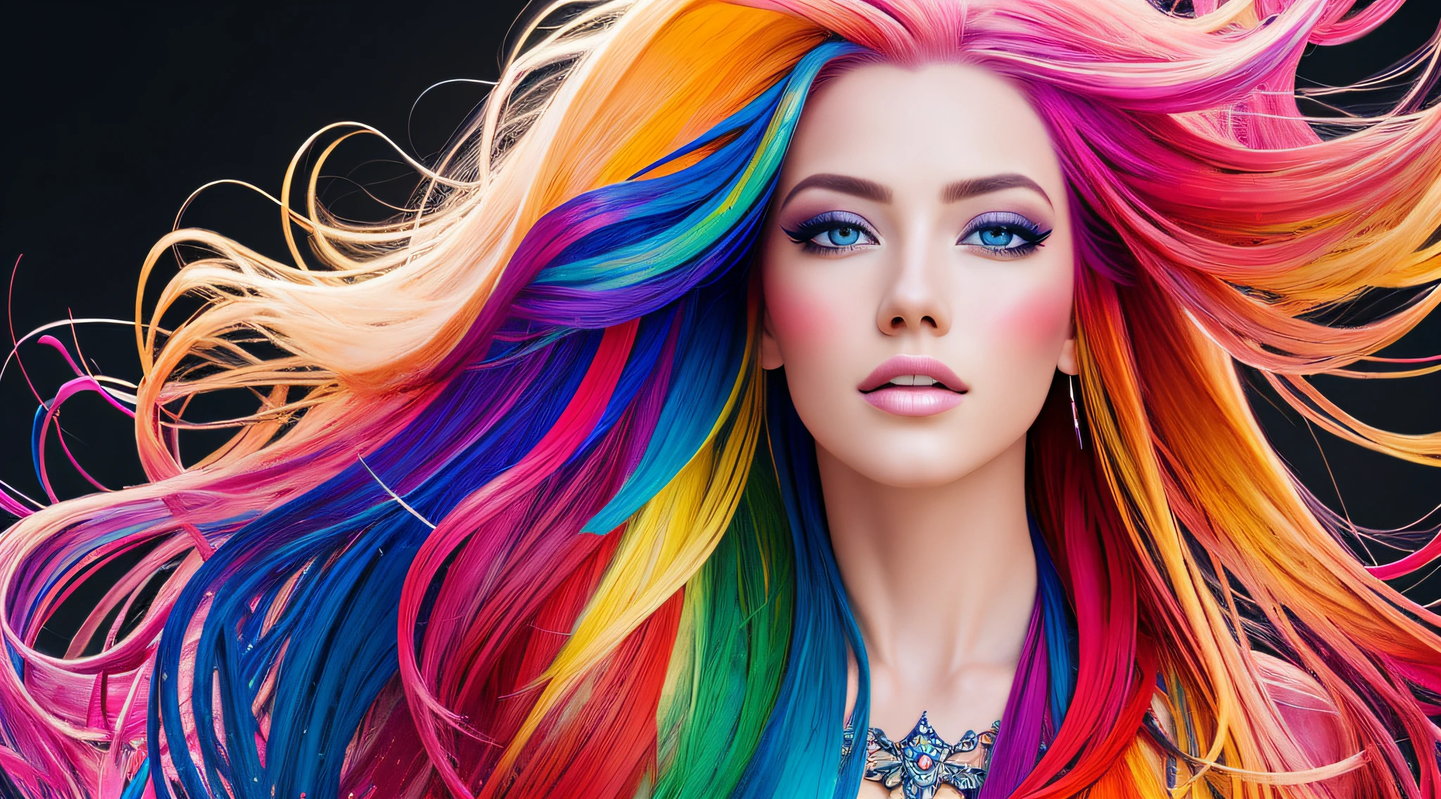 a woman with long hair and a colorful background, colorful aura, megan fox colorful portrait, colorfull digital fantasy art, colorful hd picure, glowing rainbow face, colorful dream, magic world. colorful, digital art picture, beautiful art uhd 4 k, cosmic and colorful, background artwork, beautiful fantasy portrait, colorful digital art, photoshop art, colorful photo