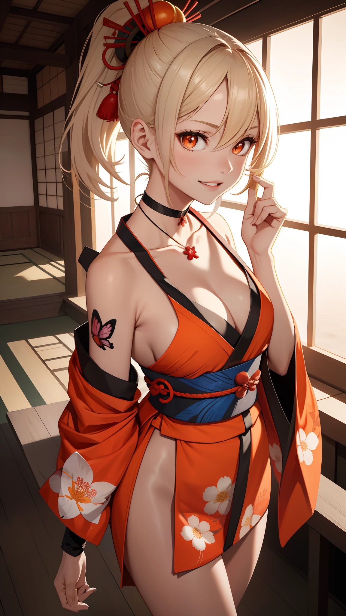 Masterpiece, Best quality, A high resolution, 1girll,(head portrait:1.5),Headshot,Portrait photo, (standing on your feet:1.4),Close-up shot,Blonde hair, Medium hair, Asymmetrical hair, Floating hair, hair between eye, High ponytail, side locks, hair adornments, fish hair ornament, nipple tassels, kanzashi, bangs, Orange eyes, Open mouth, Smile, teeth, Upper teeth only, choker necklace, Red necklace, pendant choker, butterfly choker, 鎖骨, tattoo, chest tattoo, flower tattoo, cleavage, Medium breasts, Thighs, Bandages, bandaged leg, Arashi, Budget Arashi, Chest sarashi, black sash, hadanugi dousa, houkisei, Japanese clothes, komono, Kinchaku, Obi, Obiage, obijime, orange kimono, pouch, print kimono, Cord, sash, shimenawa, Short kimono, Single bare shoulder, visions (Genshin Impact), east asian architecture, Cherry blossoms, Single glove, Single fingerless gloves, arms cuffs, Sitting, Legs together,