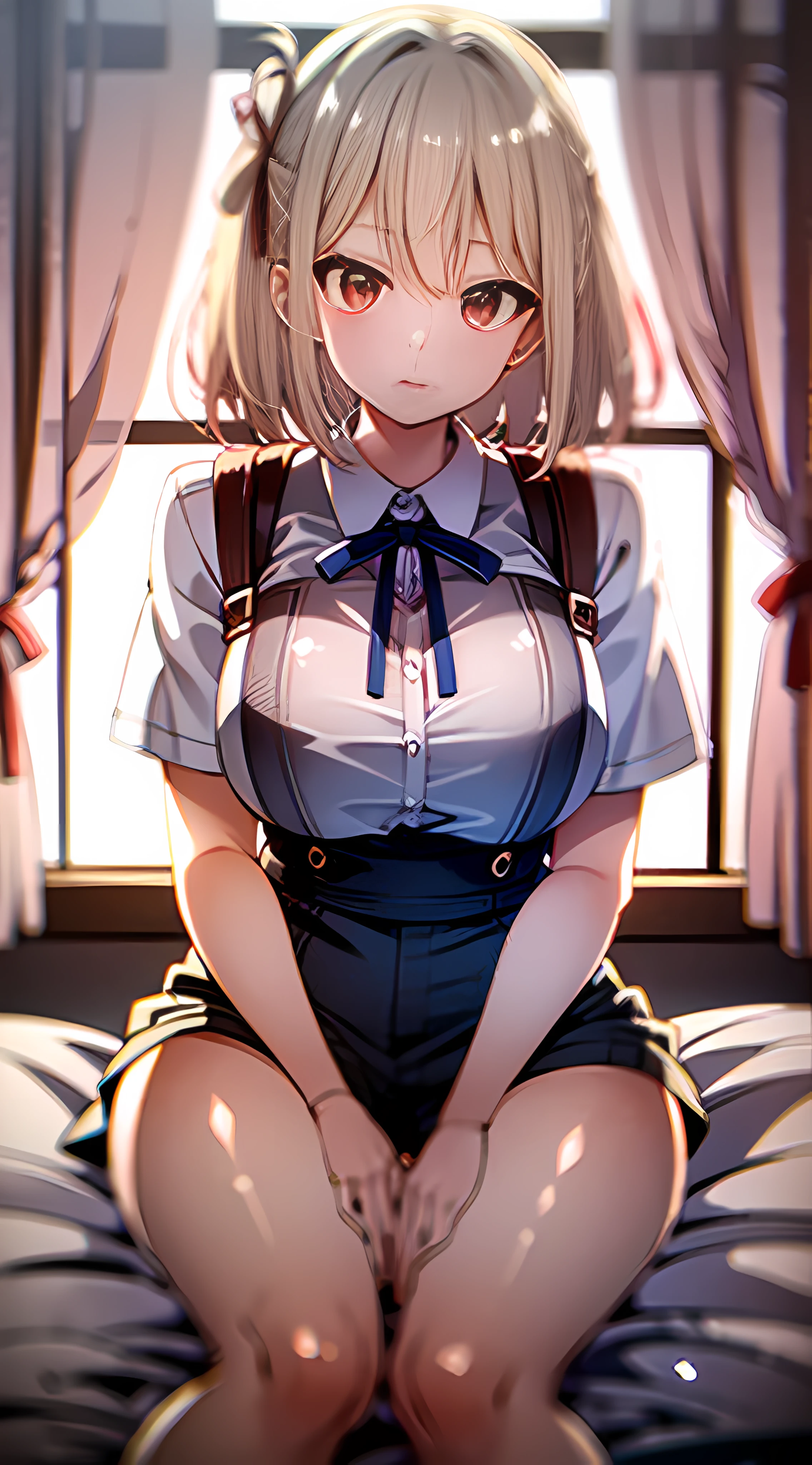 (masterpiece:1.1), (best quality:1.0), (ultra highres:1.0) ,(8k resolution:1.2),(realistic:1.0),(ultra detailed1:0), (sharp focus1:0), (RAW photo:1.1), (lighting:1:1), Tokyo street, (night:1:1), Shibuya_\(Japan\),
Chisato_Nishikigi_\(Lycoris_Recoil\), 1girl, bed, blonde_hair, blue_ribbon, breasts, clock, curtains, cushion, hair_ribbon, indoors, looking_at_viewer, medium_breasts, neck_ribbon, on_bed, one_side_up, pillow, plant, red_eyes, ribbon, shirt, short_hair, shorts, sitting, solo, suspenders, white_shirt, window
small_brisket,
