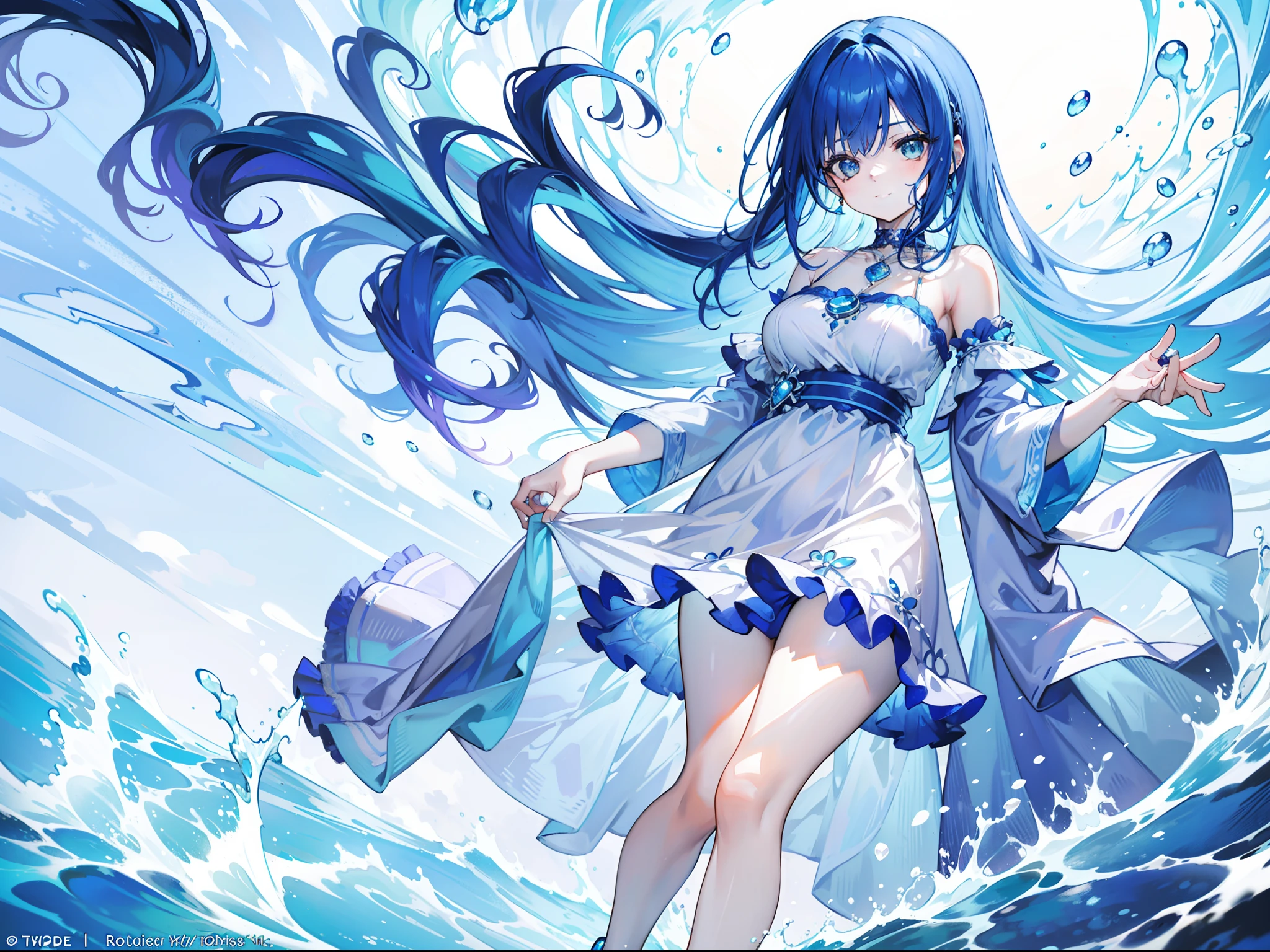 Blue-haired beautiful girl,curlies,with hair dishevelled,pastel blue dress,A deep blue gemstone is set on the chest,bare-legged,Wear blue ankle rings on your ankles,A staff holding a deep blue gemstone,Behind him there are terrifying waves,With a smile