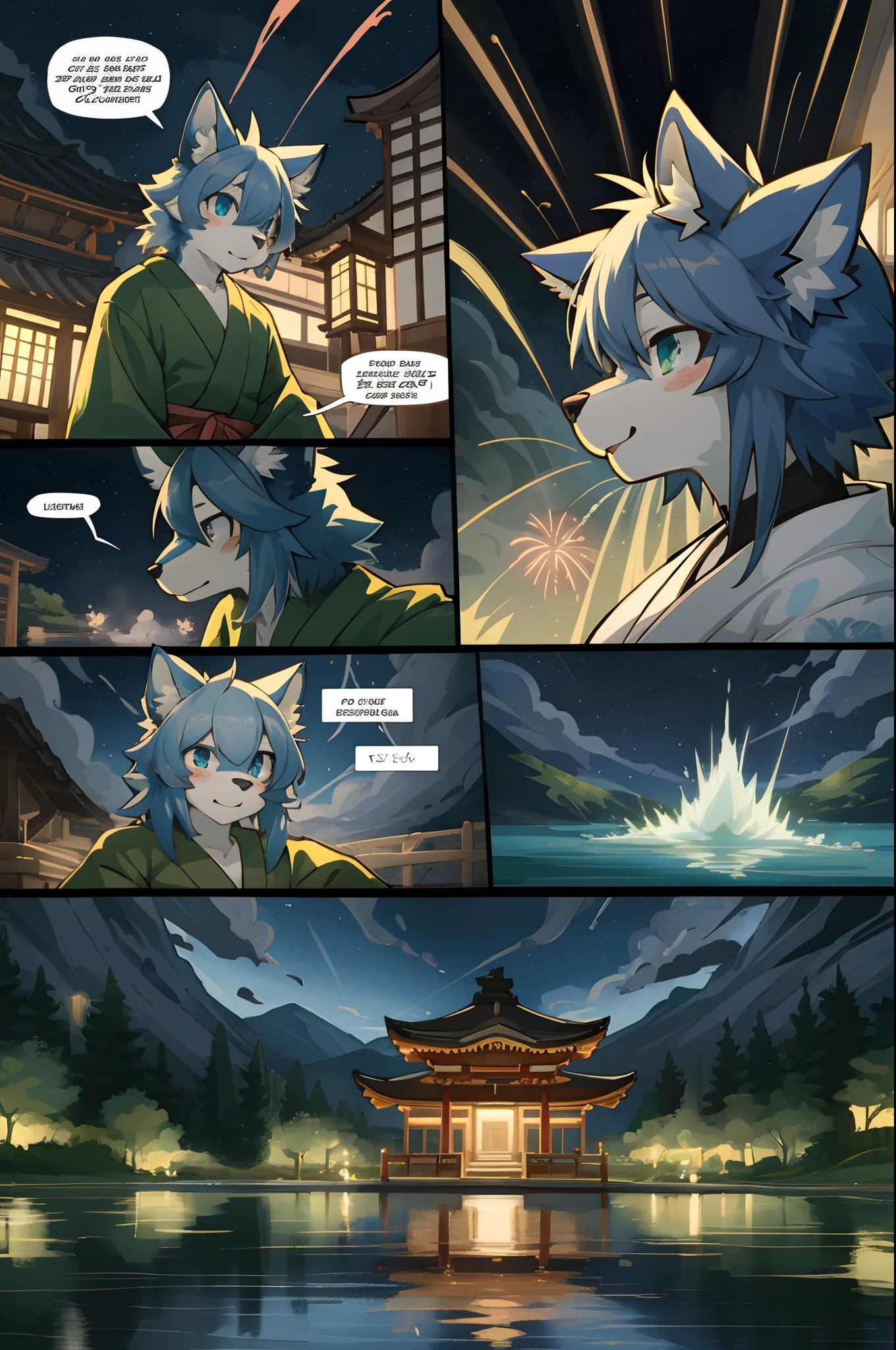 top quality, best quality, highres, masterpiece, super high resolution, detailed background, lake, nigh sky, firework, japanese yukata, 6+boys, 6+girls, absurdres(highly detailed beautiful face and eyes)perfect anatomy, good lighting, cinematic shadow(kemono, furry anthro)assorted expressions, assorted poses, assorted angles, full body, upper shot, dynamic angle(girls comic-like panel layouts, speech balloon, English text, Hand-drawn sound effects stickers used in hentai comic),