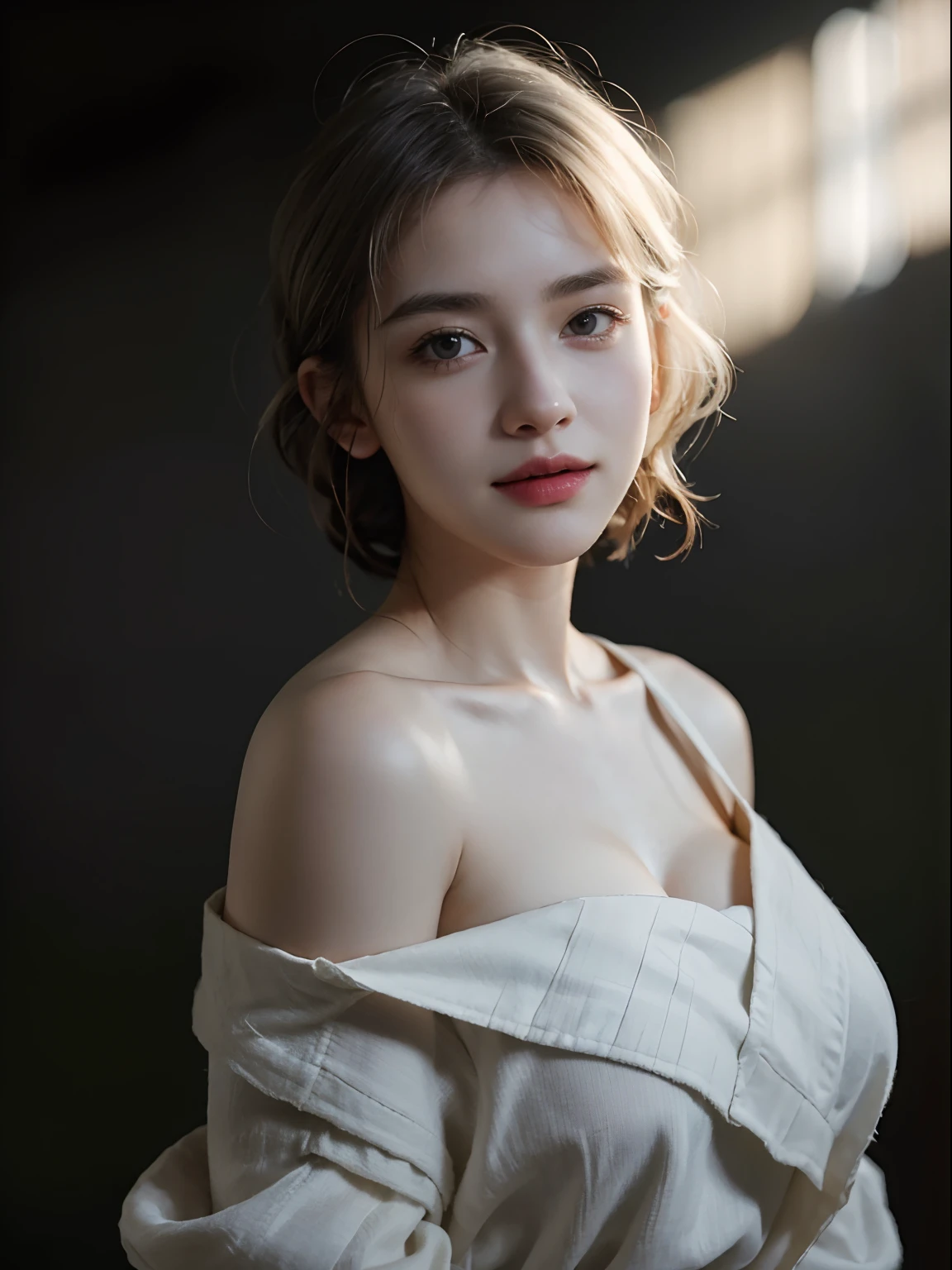 Best quality, masterpiece, ultra high res, (photorealistic:1.5), raw photo, 1girl, offshoulder, in the dark, deep shadow, low key, cold light, sexy look, white hair, short wavy hair, short braid, purple eyes, light smile, huge breasts
