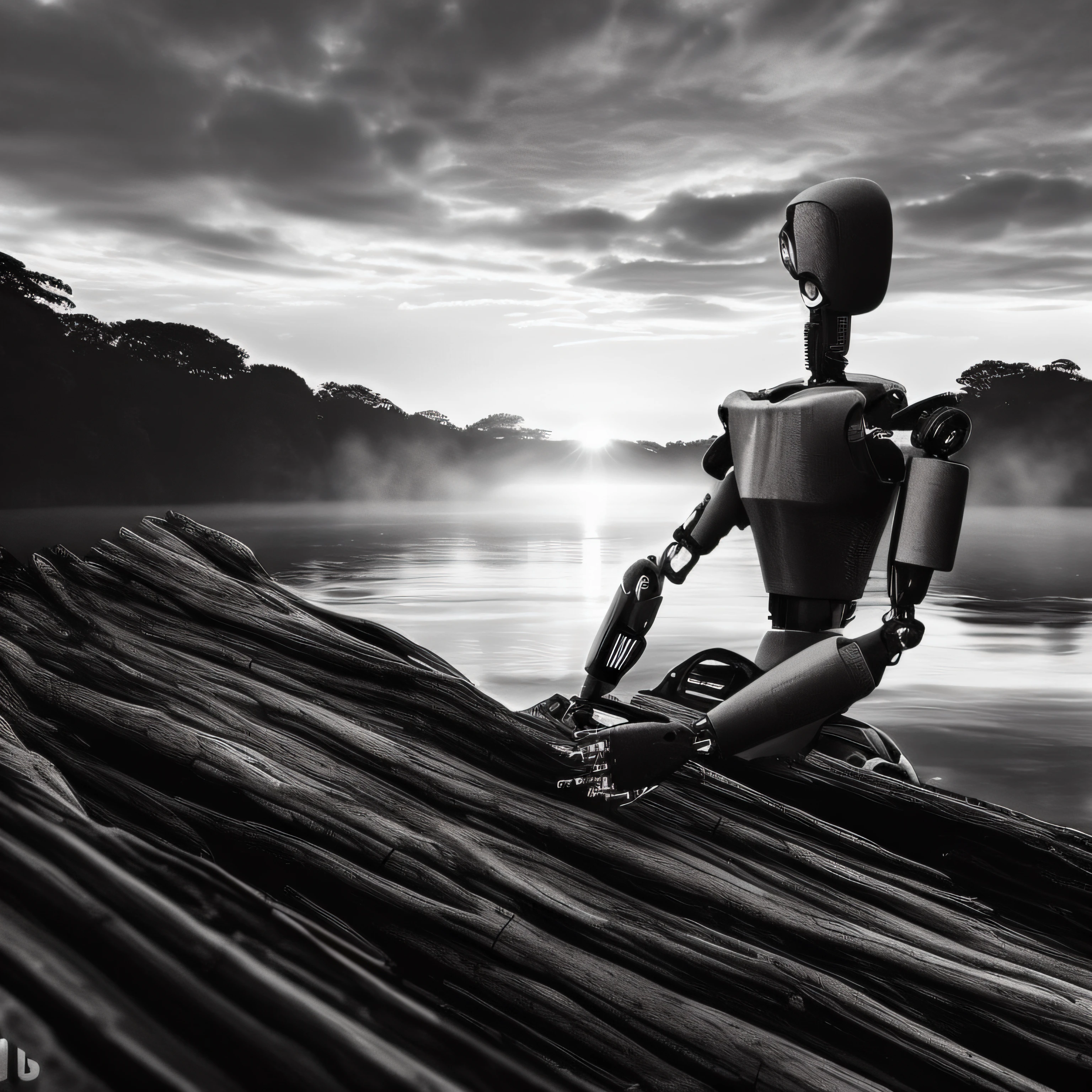 Worn Arafed robot on a lake resting on an old log overlooking a lake, robot photography, iron giant at sunset, river flowing beside the robot, robotic feeling, posing robotically, in the sunset, very cute robot zen, um ciborgue meditando, a still life of a robot, robotic bionic technical, robot art cracking the road, robotic, sleek robot