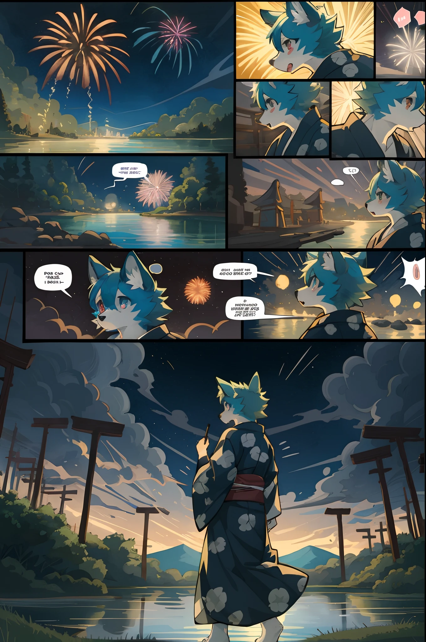 top quality, best quality, highres, masterpiece, super high resolution, detailed background, lake, nigh sky, firework, japanese yukata, 6+boys, 6+girls, absurdres(highly detailed beautiful face and eyes)perfect anatomy, good lighting, cinematic shadow(kemono, furry anthro)assorted expressions, assorted poses, assorted angles, full body, upper shot, dynamic angle(girls comic-like panel layouts, speech balloon, English text, Hand-drawn sound effects stickers used in hentai comic),