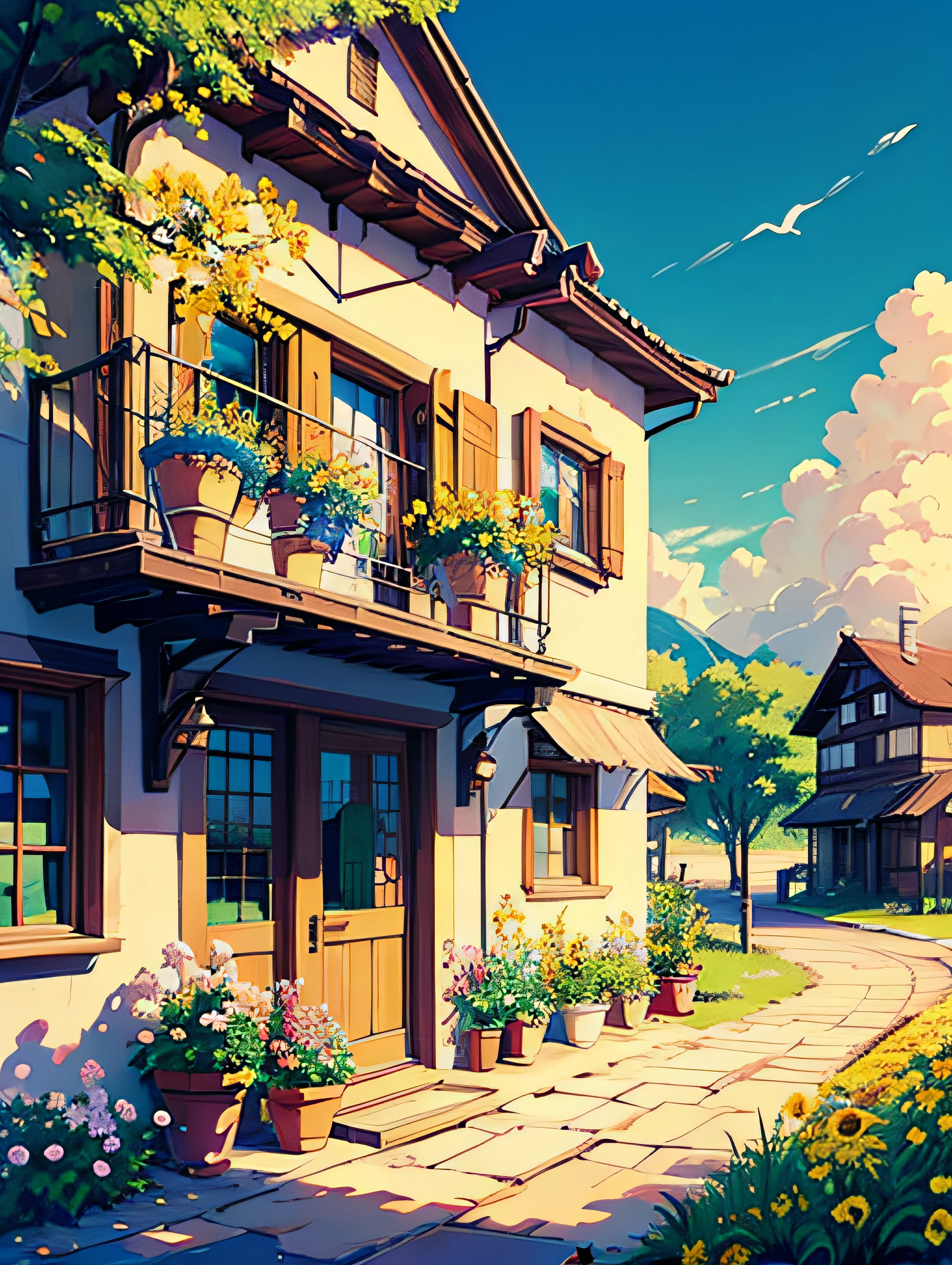 Swiss town，beachside，scenecy，Casa，exteriors，Skysky，janelas，A plant，daysies，grassy，​​clouds，potted，The tree，doors，flower pots，blue-sky，buliding，chimneys，Yellow flowers，Rose flower，in style of hayao miyazaki，