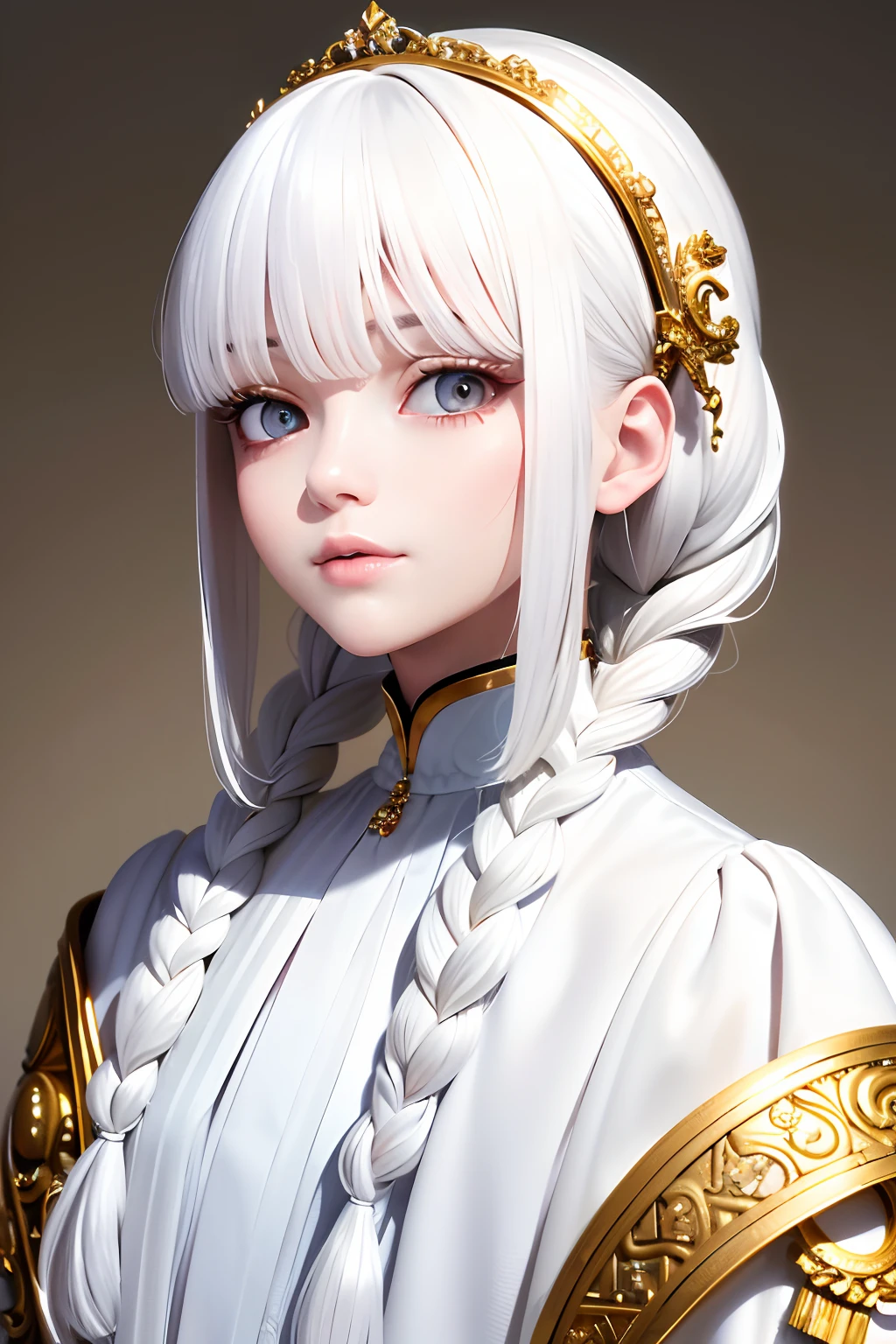 Excellent, masterpiece, white hair, golden eyes, white clothes, looking up, upper body, hair, fair skin, side braids, ultra-detailed facial details, ultra-clear eye details, 8K