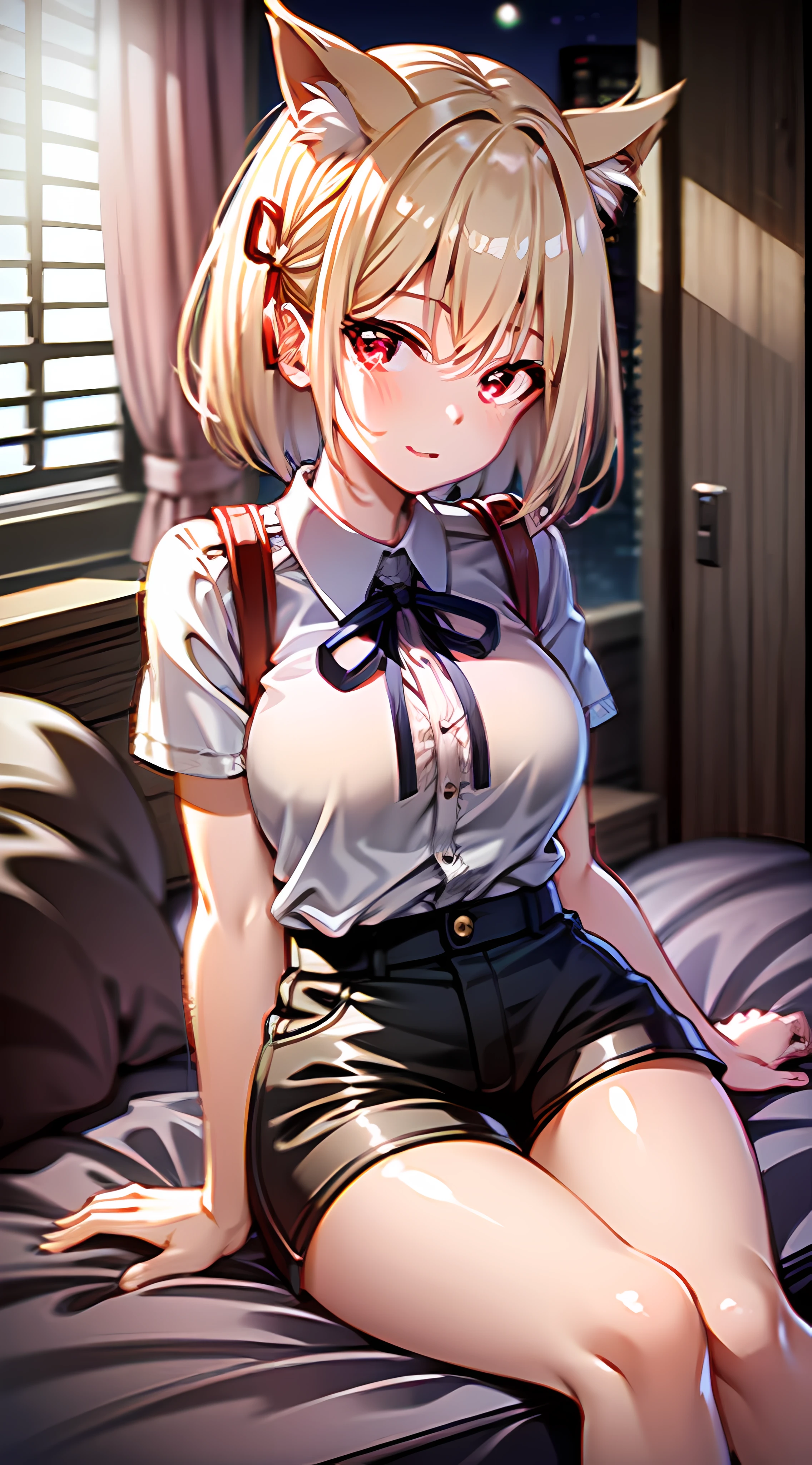(masterpiece:1.1), (best quality:1.0), (ultra highres:1.0) ,(8k resolution:1.2),(realistic:1.0),(ultra detailed1:0), (sharp focus1:0), (RAW photo:1.1), (lighting:1:1), Tokyo street, (night:1:1), Shibuya_\(Japan\),

Chisato_Nishikigi_\(Lycoris_Recoil\), 1girl, bed, blonde_hair, blue_ribbon, breasts, clock, curtains, cushion, hair_ribbon, indoors, looking_at_viewer, medium_breasts, neck_ribbon, on_bed, one_side_up, pillow, plant, red_eyes, ribbon, shirt, short_hair, shorts, sitting, solo, suspenders, white_shirt, window

small_brisket,