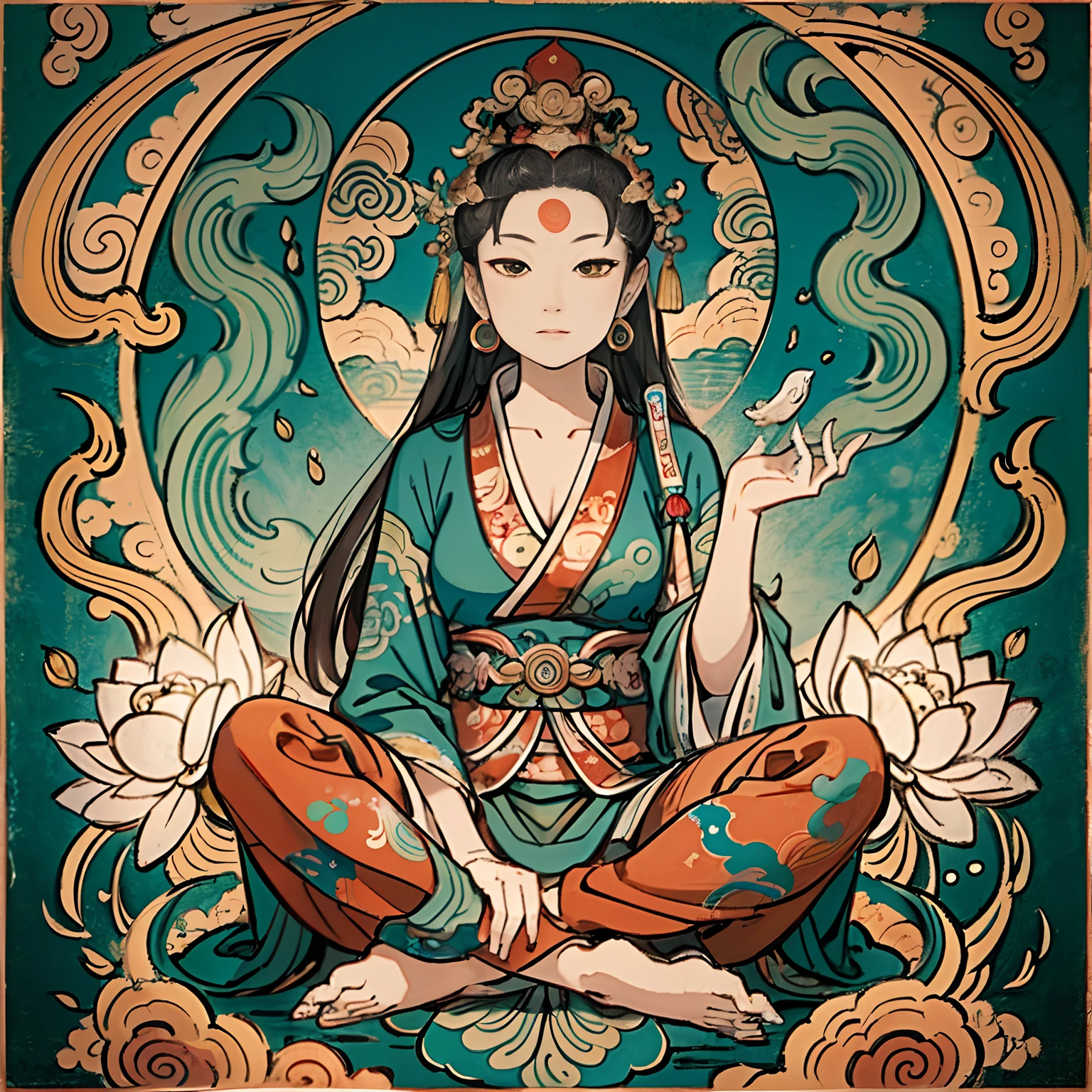 an ancient Chinese goddess, guanyin of the southern seas, Guanyin, Inspired by India, Avalokiteshvara rides a dragon，,Serene expression,shui mo hua,Buddha,Buddhist,Lotus,Chinese painting style,Thangka style