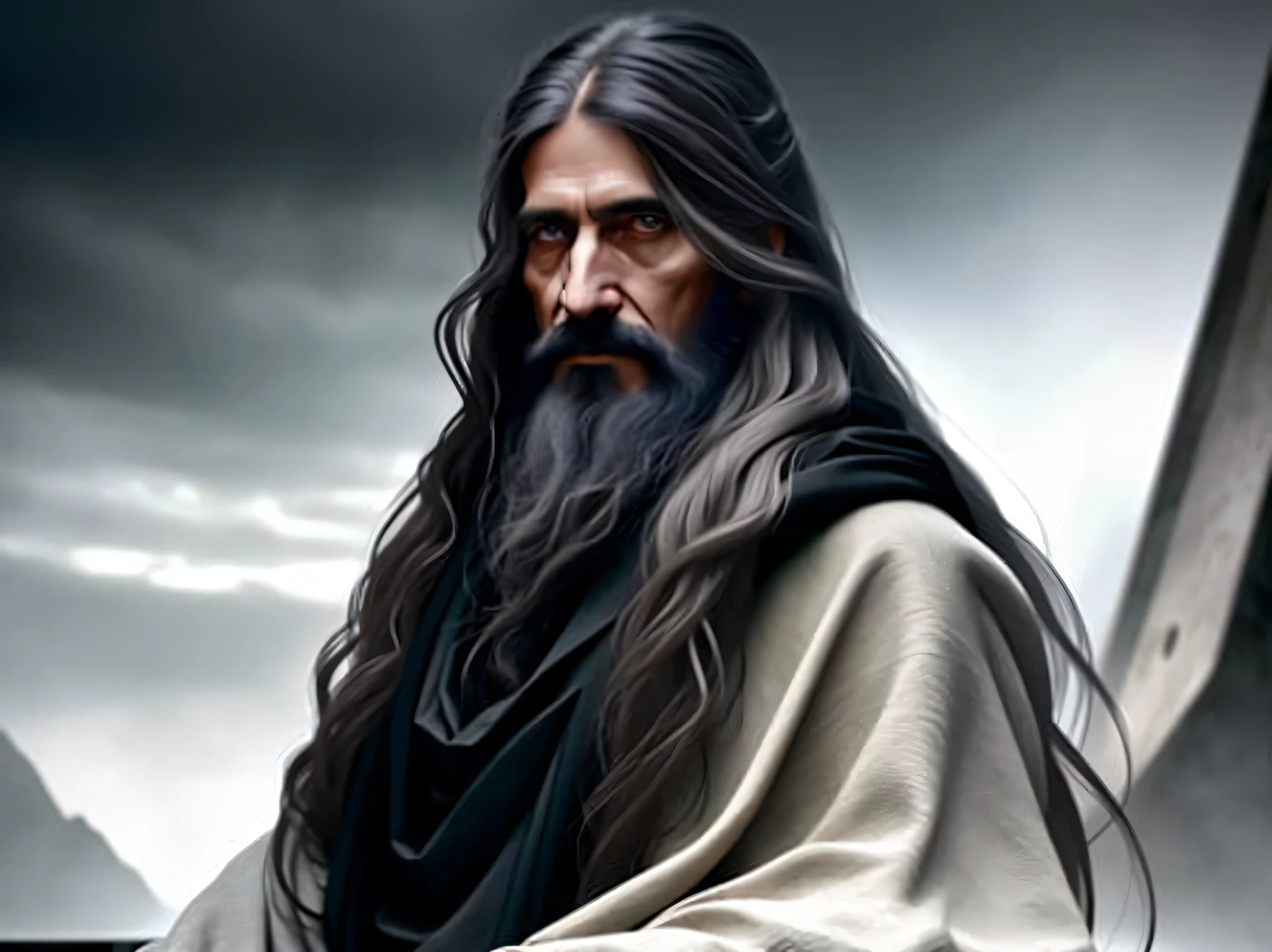 a detail portrait of old thinker, male philosopher, with long hair, in a black cloths and on an empty background by annie leibovitz. pastel colors scheme. dark moody tones matte painting geometric patterns, trending at artstation hq 4k details hyperrealism, cinematic dramatic lighting, high resolution octane render 8K HDR,full body character.concept design,