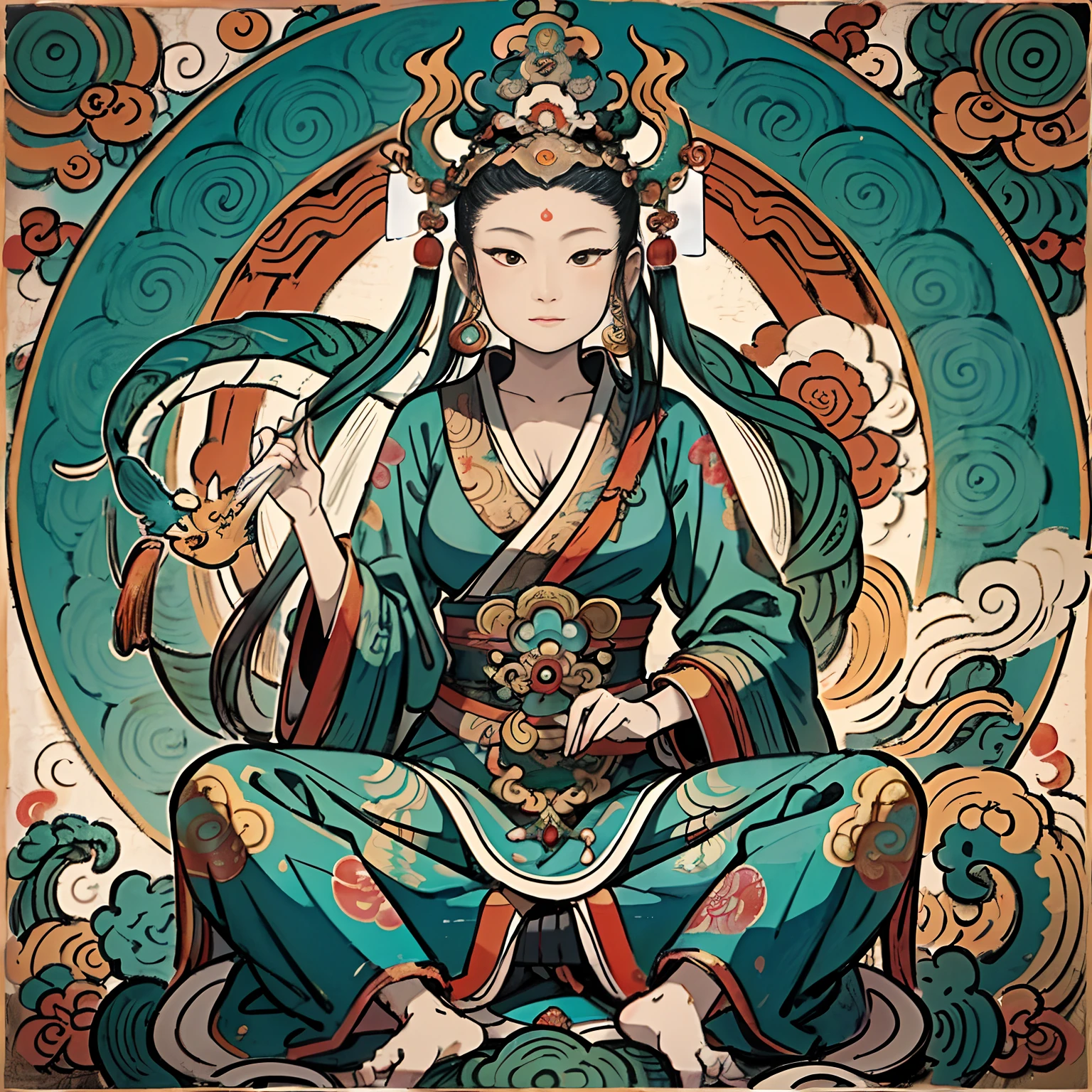 an ancient Chinese goddess, guanyin of the southern seas, Guanyin, Inspired by India, Avalokiteshvara rides a dragon，,Serene expression,shui mo hua,Buddha,Buddhist,Lotus,Chinese painting style,Thangka style